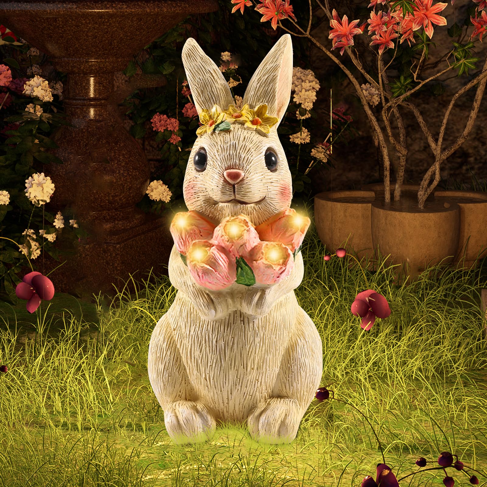 Silkwish Solar Kaninchen Figuren Gartendeko, Hase mit Blumen Umarmen Solarlampe Bunny Figur Draußen Dekoration, Solar Hase Gartendeko für Kinder Frauen Balkon Feengarten Terrasse Dekoration, 27cm