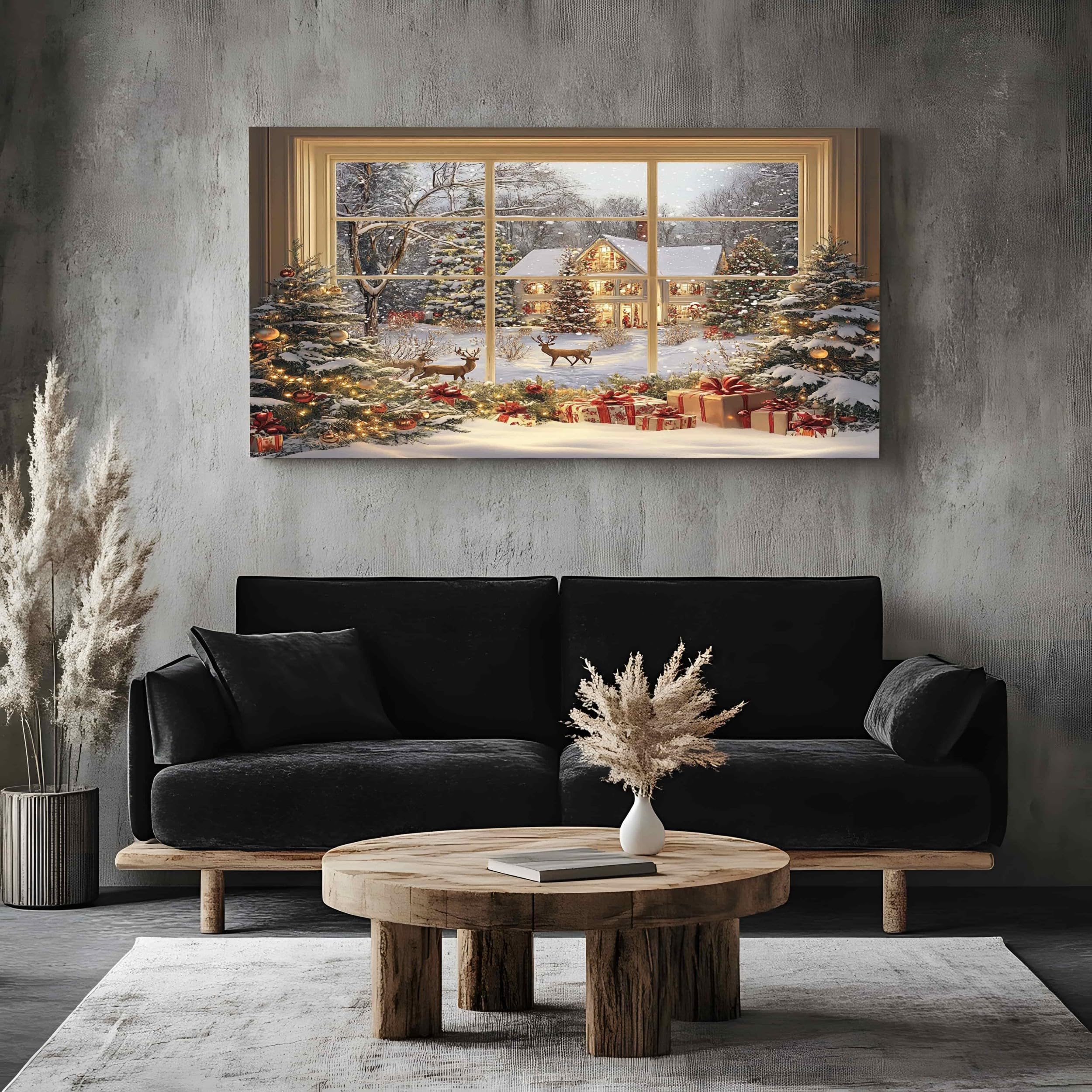 ZORYAN Christmas Snow Scene Extra Large Wall Decor Winter Deer Canvas Modern Canvas Prints Festive Christmas Tree Abstract Painting for Kitchen Office Restaurant, Framed 60x120 cm