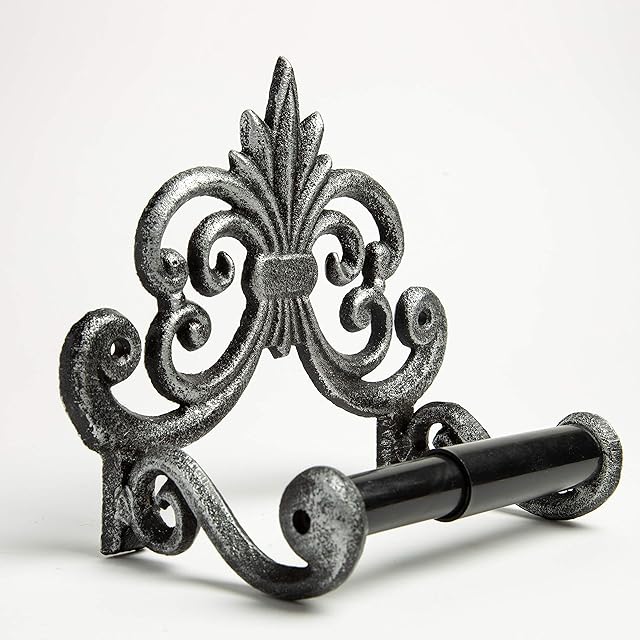 Fleur De Lis Cast Iron Toilet Paper Roll holder - Cast Iron Wall Mounted Toilet Tissue Holder - European Vintage Design - 17.2 x 15.9 x 10.8cm - With Screws And Anchors by Comfify - Silver with Black