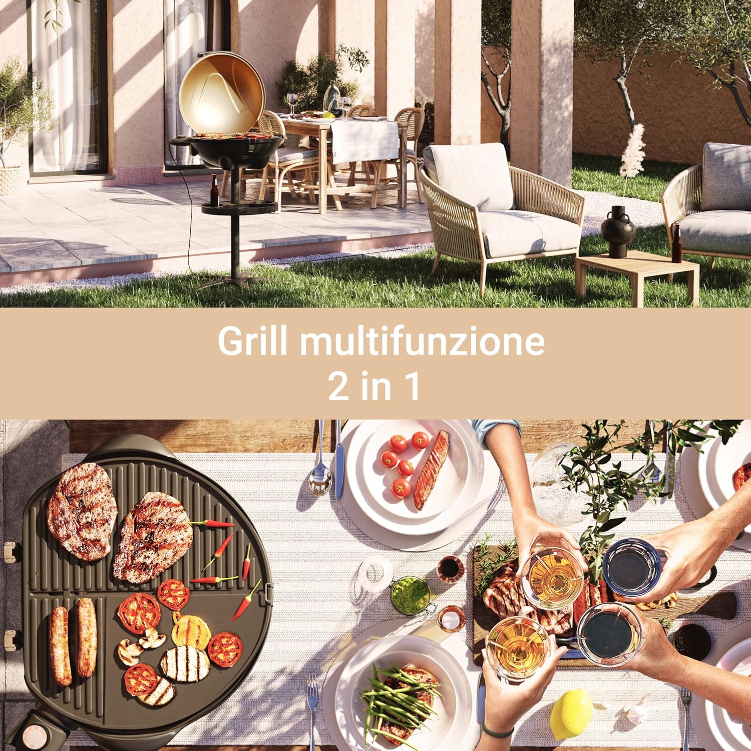 BBQ-9479 SUNTEC | utilizzo all’esterno come barbecue autonomo o da tavolo | in balcone, terrazza, giardino e in campeggio | elettrici con max. 2400 watt | coperchio dorato BBQ-9479 SUNTEC | utilizzo all’esterno come barbecue autonomo o da tavolo | in balcone, terrazza, giardino e in campeggio | elettrici con max. 2400 watt | coperchio dorato