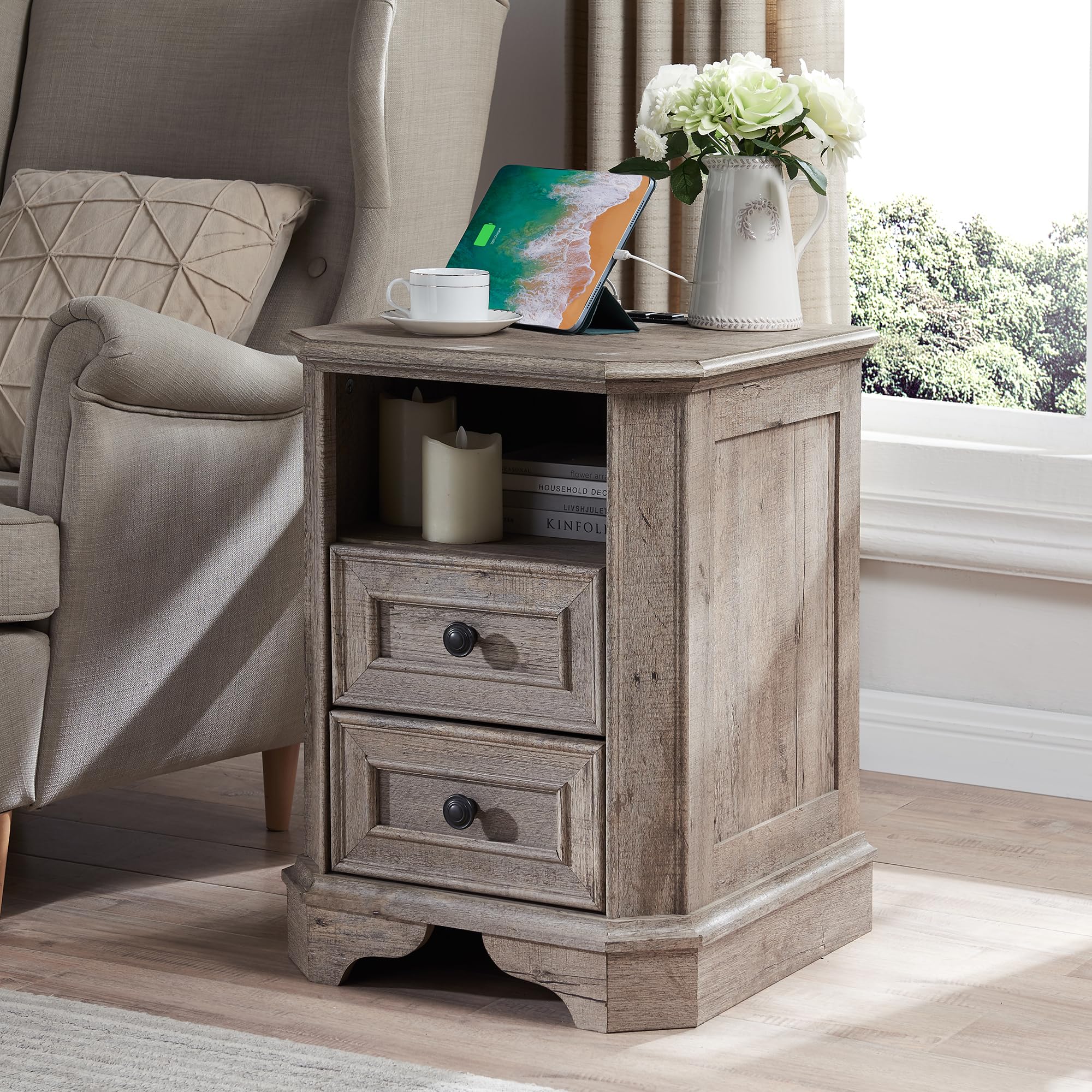 T4TREAM Farmhouse End Table with Charging Station, Vintage 18" Wood Square Nightstand, Side Table with 2 Drawers for Living Room, Bedroom, Office,