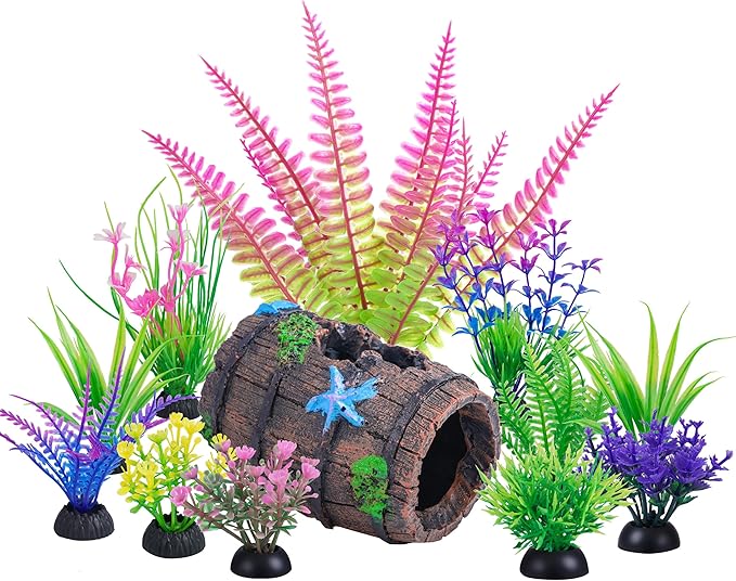 Ameliade Fish Tank Accessories Decorations Set with Broken Barrel Cave & 11 Artificial Aquatic Plants - Betta Goldfish Hiding Spots for Aquariums, Small Bowl Ornament Decor