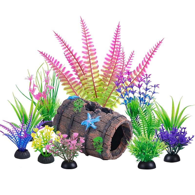 Enfeites para Aquário com Plantas Plásticas e Caverna Barril Quebrado Ameliade, 12 Peças