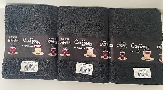 Riggs 100% Cotton 3 Pack Coffee Design Kitchen Hand Tea Towels in Black