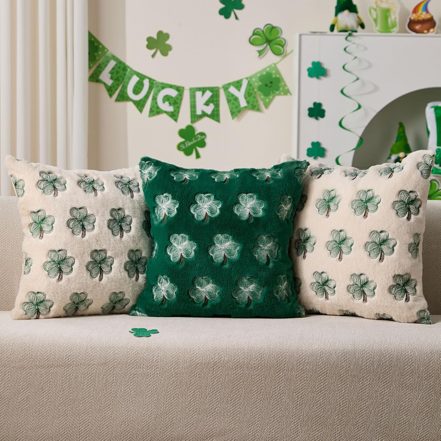 St Patricks Day Pillow Covers 18x18 Inch Set of 2 Green Embroidery Shamrock Decorative White Soft Plush Faux Wool Throw Pillows for Couch Sofa Bedroom Holiday Home Decor MRD02B45 - Image 2