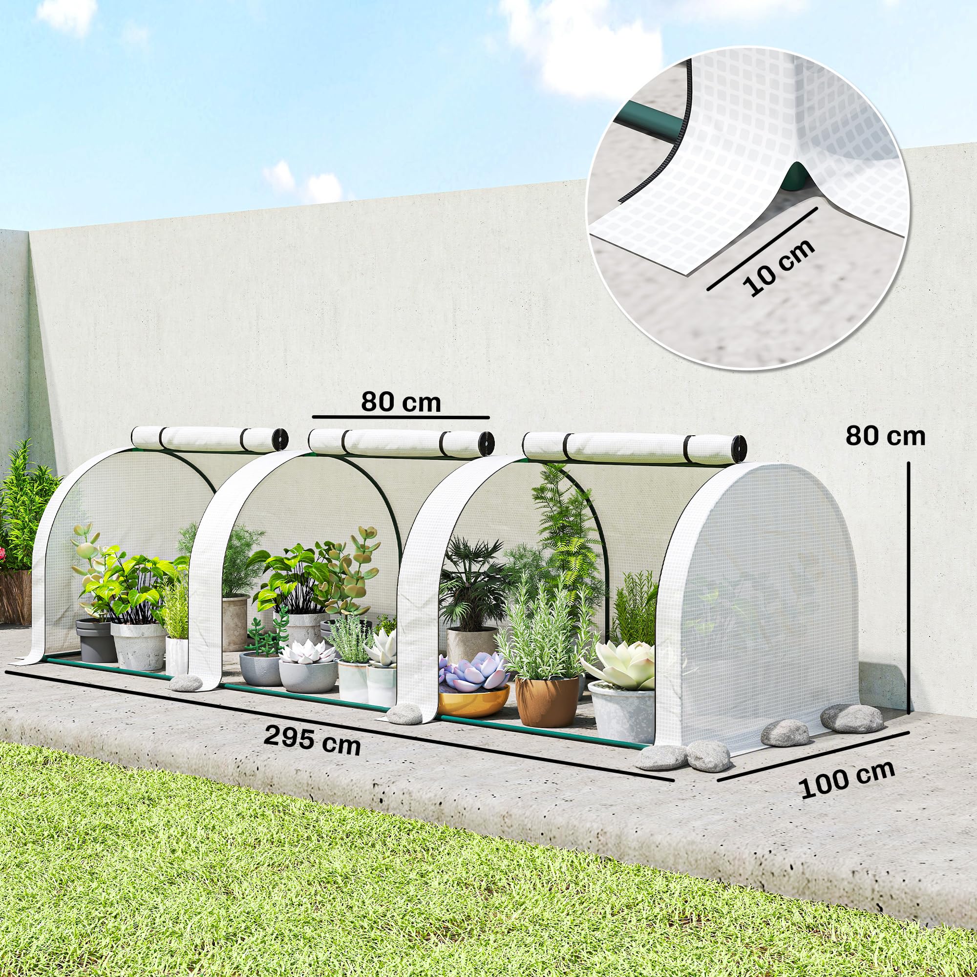 Outsunny Serra Tunnel PE con Telaio in Acciaio 295 x 100 x 80 cm Bianco | Casa di coltivazione verde, tunnel in polietilene, porte con cerniera, per giardino