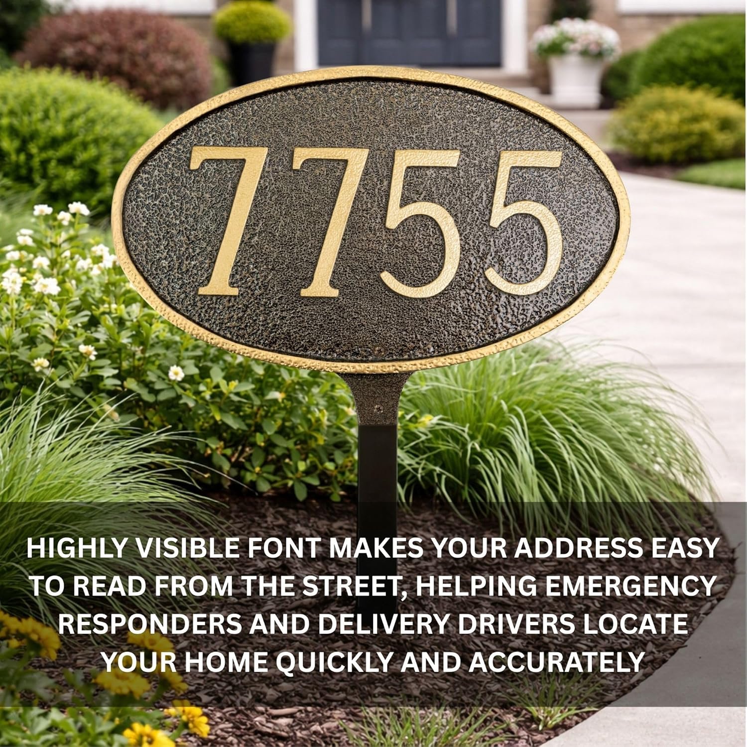 Montague Metal Products Cast Metal Address Plaque with lawn stake, USA Made Custom House Number Sign, Classic Oval,13.25 x 8 inches, Hammered Bronze with Gold