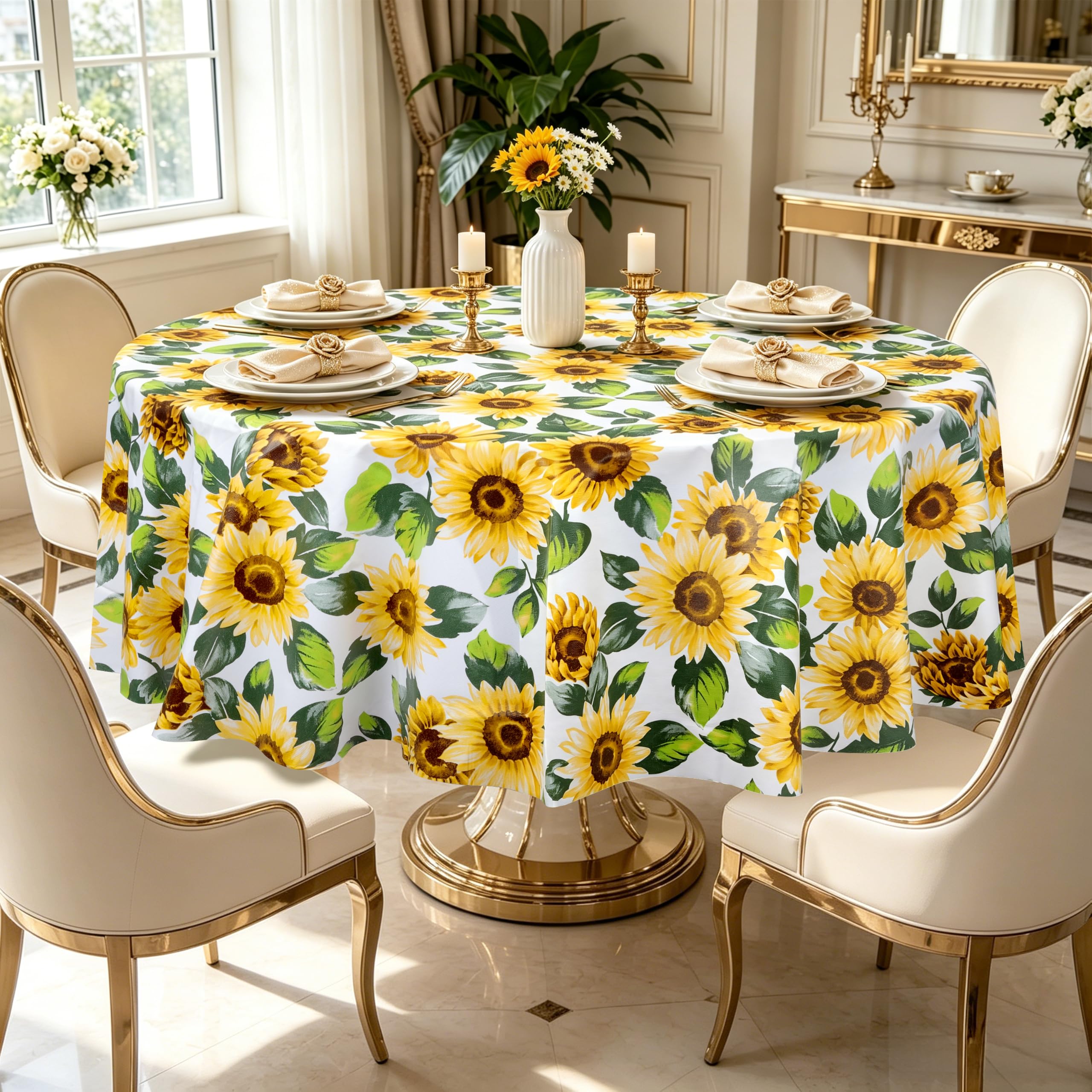 Arquiel Sunflowers PVC Table Cloth Waterproof Oilcloth Round 140cm