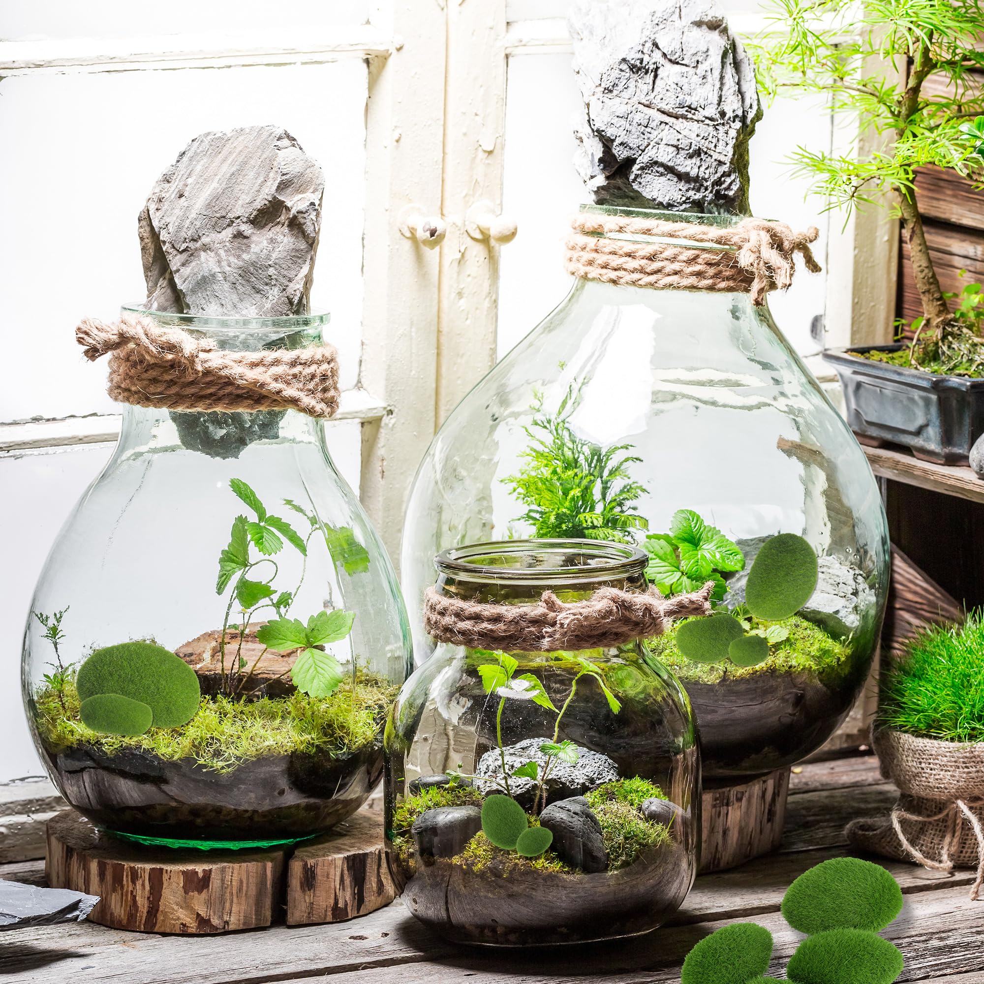 JSMTKJ Mousse Vertes 30 Pezzi Muschio Artificiale, Palline di schiuma verdi Taglia Artificiale Moss Rocks Stones per Giardini Fatati e Artigianato