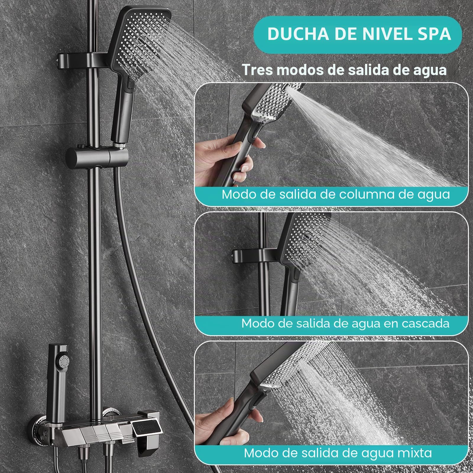 Columna de Ducha con Rociador superior/Ducha de mano ABS, 4 Modos Indicación de La Temperatura del Agua, Columna Ducha Columna de Baño Multifuncional Altura Ajustable 85-105cm, Negro
