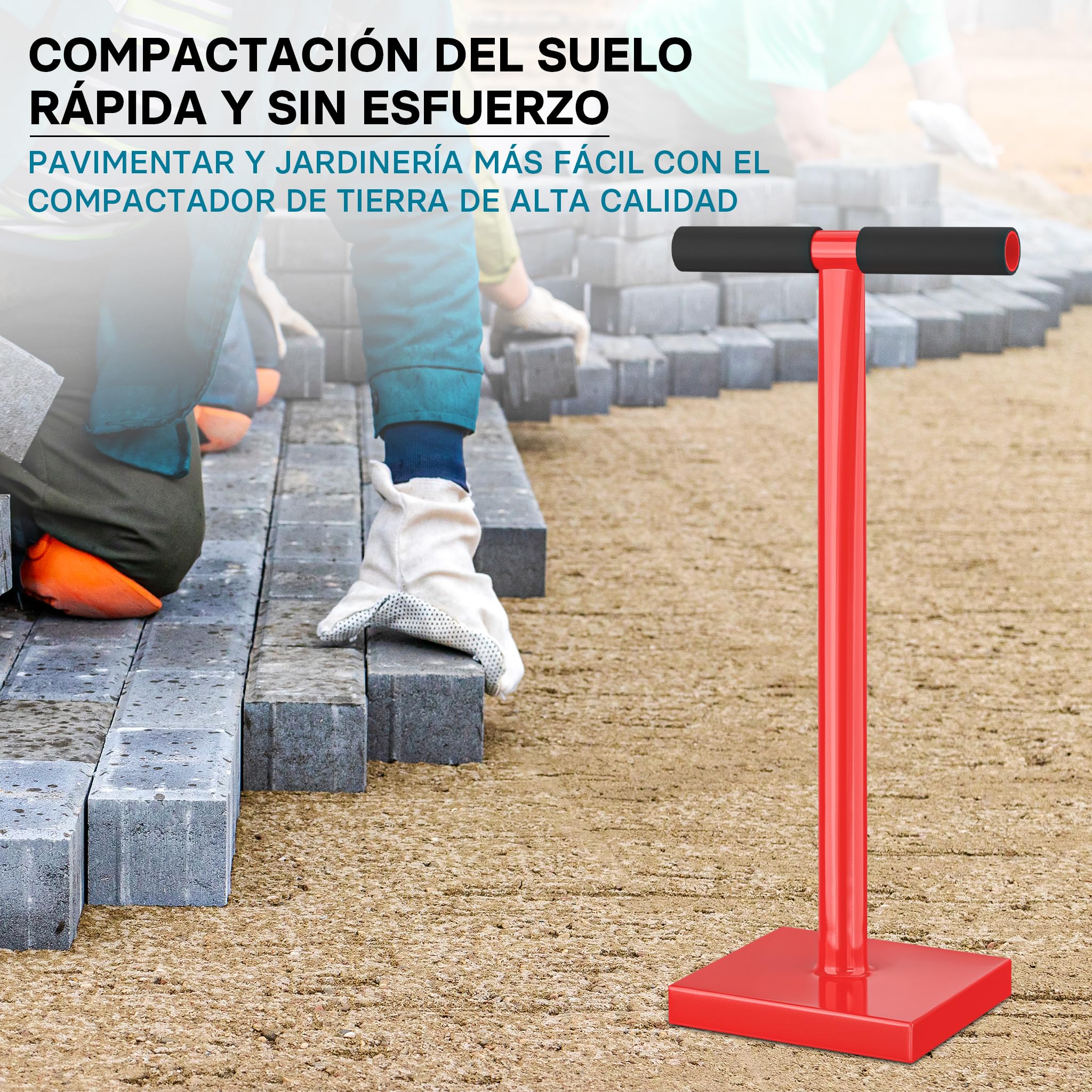 Wiltec Pisón de tierra 11,5 kg de acero, base 20 x 20 cm, mango en T, compactador manual