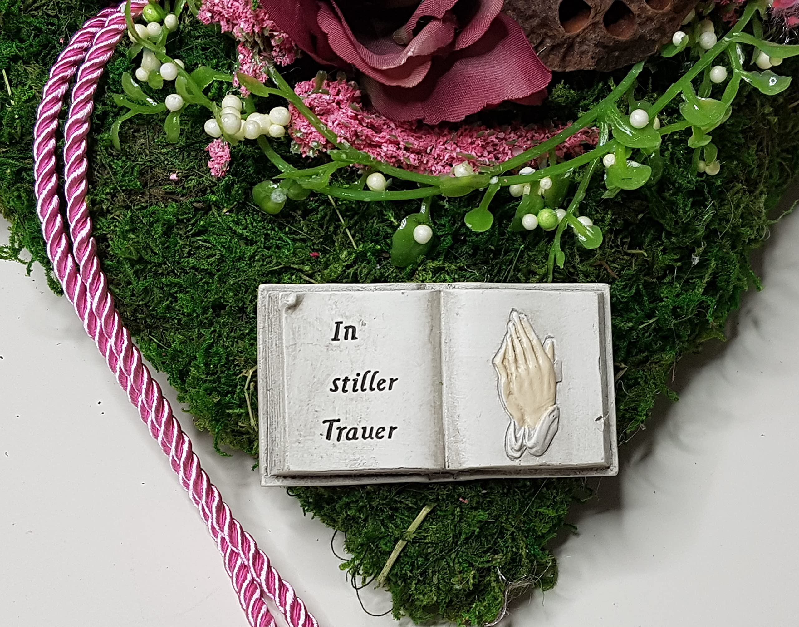 Grabgesteck Grabherz Herz Grabaufleger wetterfest Moosherz Bibel Trauerherz Rosen, 30x29cm, Lila