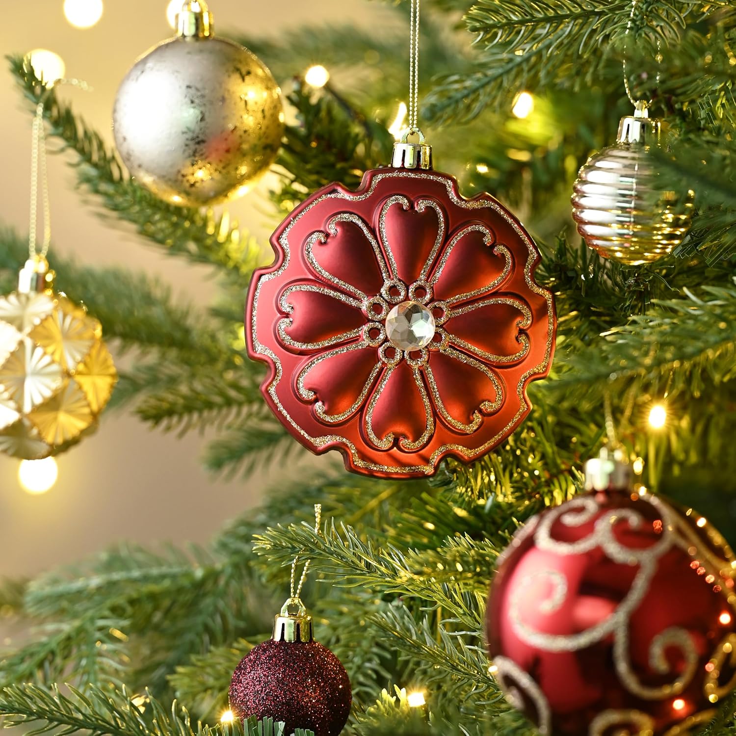 Valery Madelyn Christmas Ball Ornaments, 120ct Burgundy and Gold Shatterproof Christmas Tree Decorations Set, Luxury Hanging Ornaments for Xmas Trees Bulk Holiday Decor