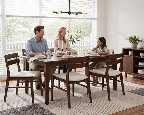 Miniatura 6 de Juego de 4 sillas de comedor de madera de nogal, modernas de mediados de siglo, tapizadas con diseño de boucle beige con respaldo de rejillas,