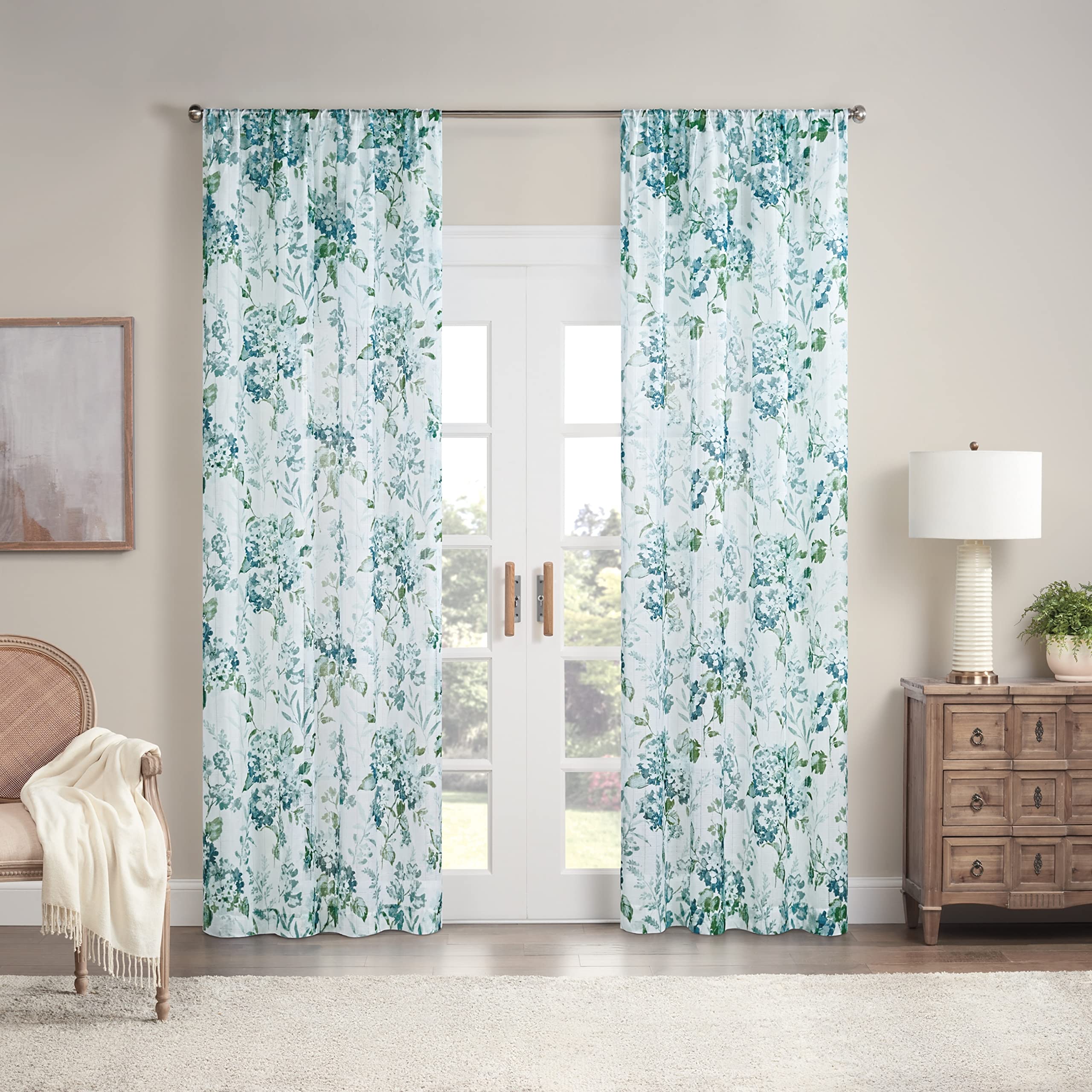 WaverlyBlushing Bloom Floral Sheer Rod Pocket Window Curtain for Living Room (1 Panel), 50 in x 84 in, Blue