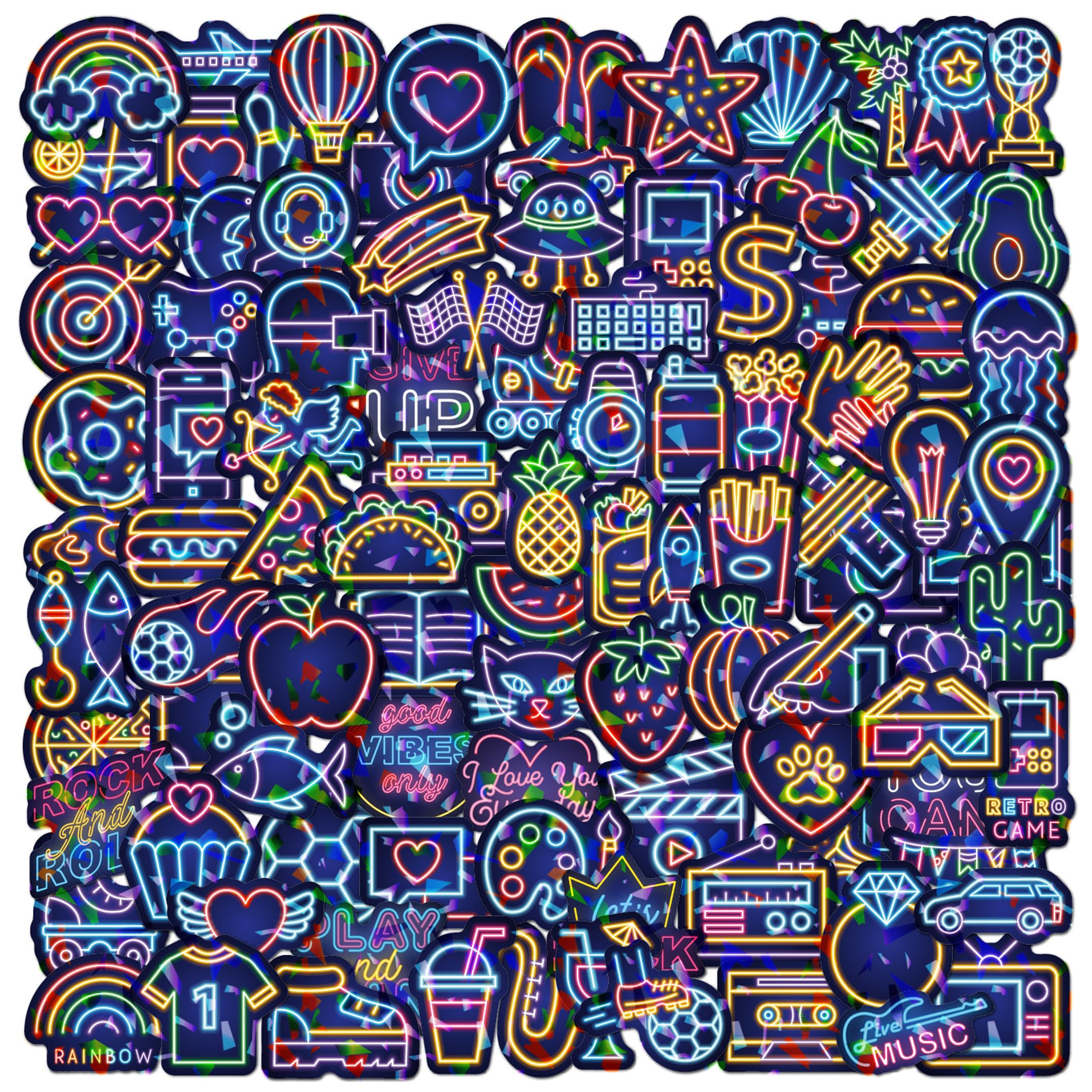 ECZOIL 100Pcs Neon Style Stickers, Cool Graffiti Shiny Laser Sticker for Adults Children Teens, Waterproof Vinyl Stickers for Scrapbooking Laptop Suitcase Journal Water Bottles-Neon