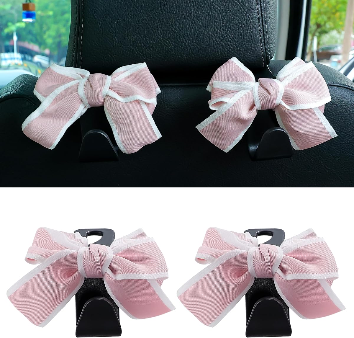 Car Seat Headrest Hook Cute Bowknot Vehicle Hanger Car Storage Organizer for Handbag Purse Coat Grocery Bag Black Pink