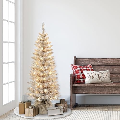 Miniatura 3 de Puleo International - Árbol artificial de oro rosa preiluminado de 4 pies en bolsa de arpillera, 146 puntas, 70 luces transparentes