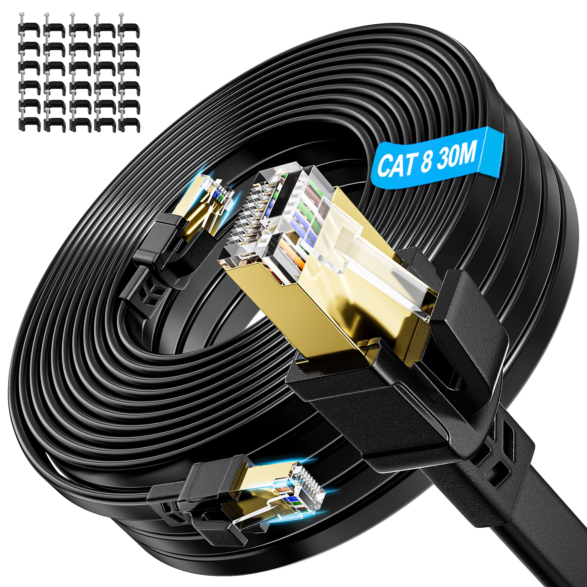 Soibke Cat 8 Cavo Ethernet 30 Metri, Cavo LAN 30m Piatto Schermato Filo Ethernet da Esterno 40Gbps 2000MHz Cav di Rete Alta Velocità Cav RJ45 Gigabit Cable Internet Nero Cable Patch Lungo per Router
