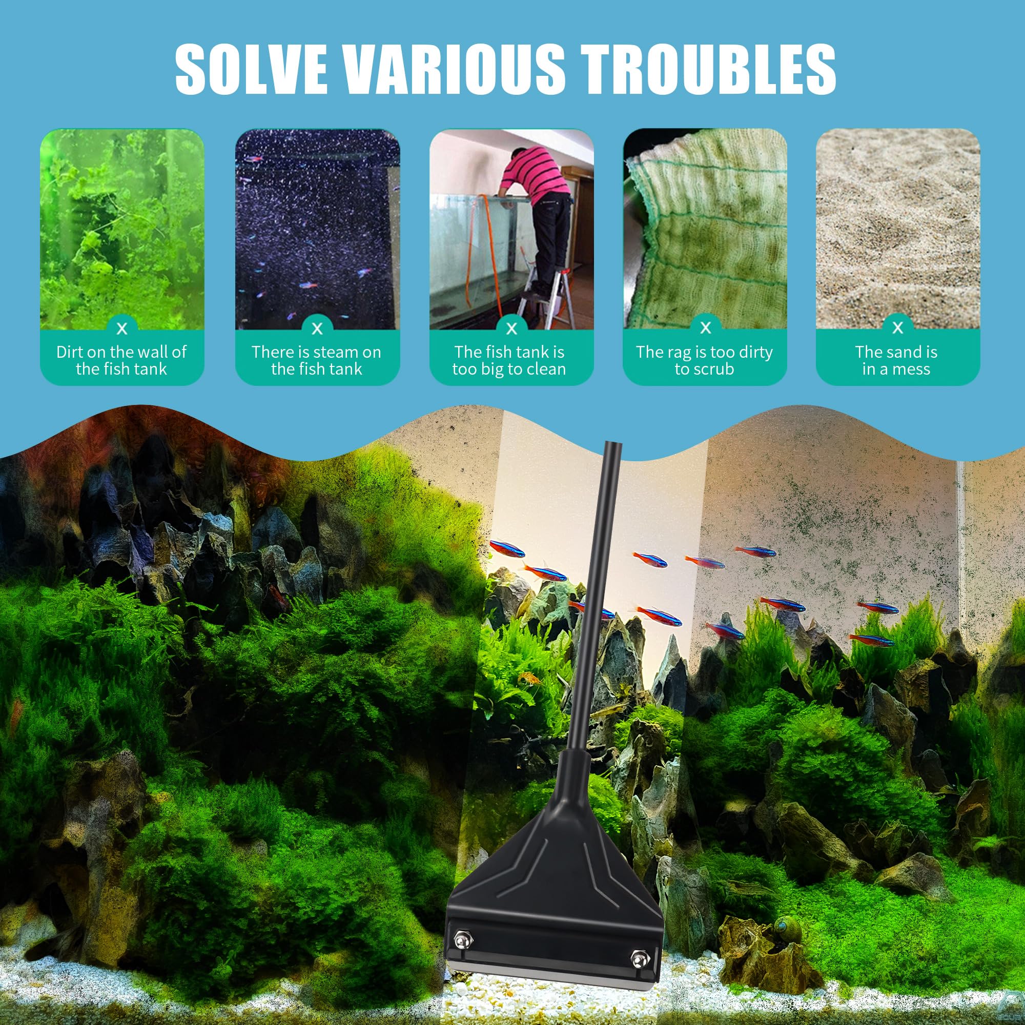 JSMTKJ Kit de Nettoyage pour Aquarium - Grattoir à Algues pour Aquarium avec Tige Amovible de 62 cm, 15 Lames de Rechange en Acier Inoxydable pour Nettoyer l'aquarium
