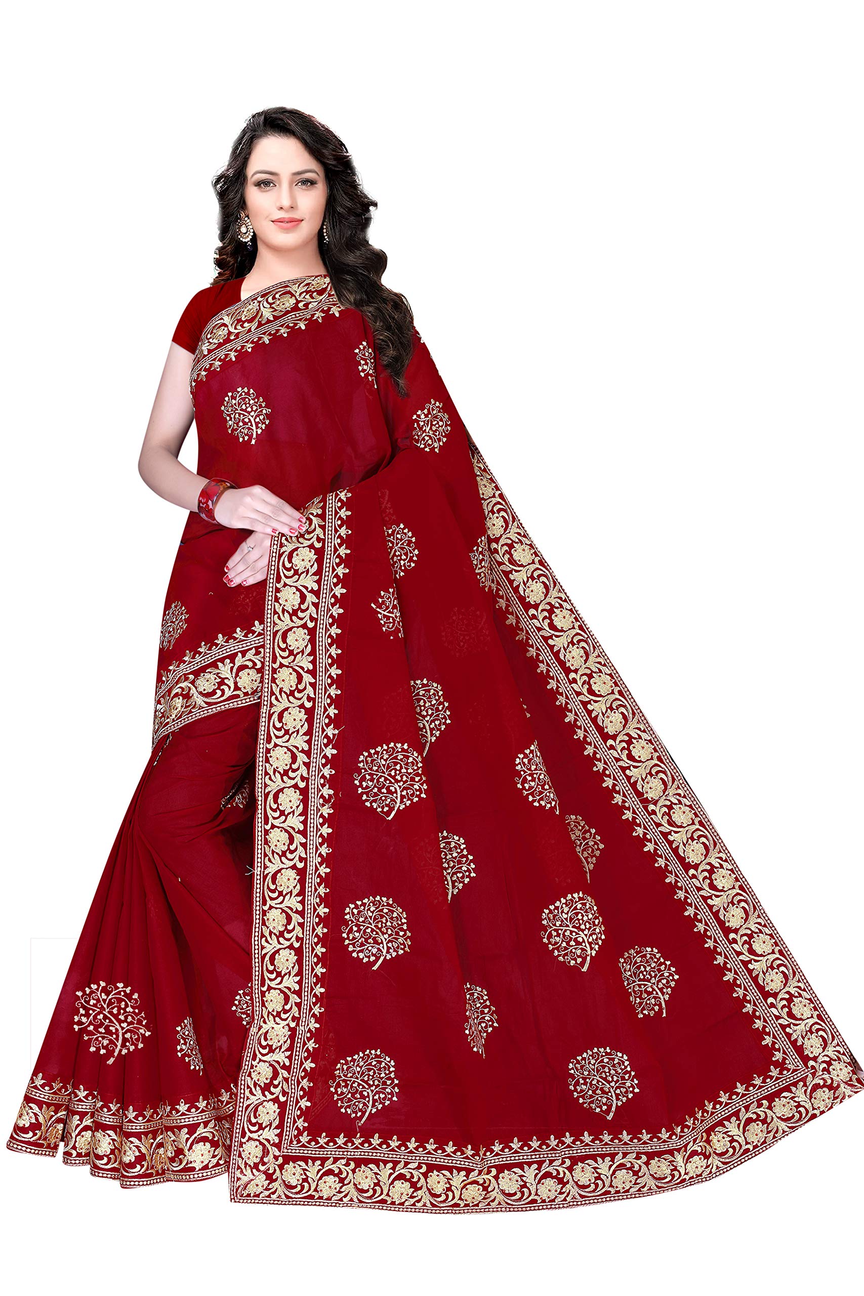 TAMAIRA FASHION Women's Plain Weave Pure Cotton Saree with Heavy Embroidered and stone work Without Blouse Piece (HEAVYEMB_Parent)