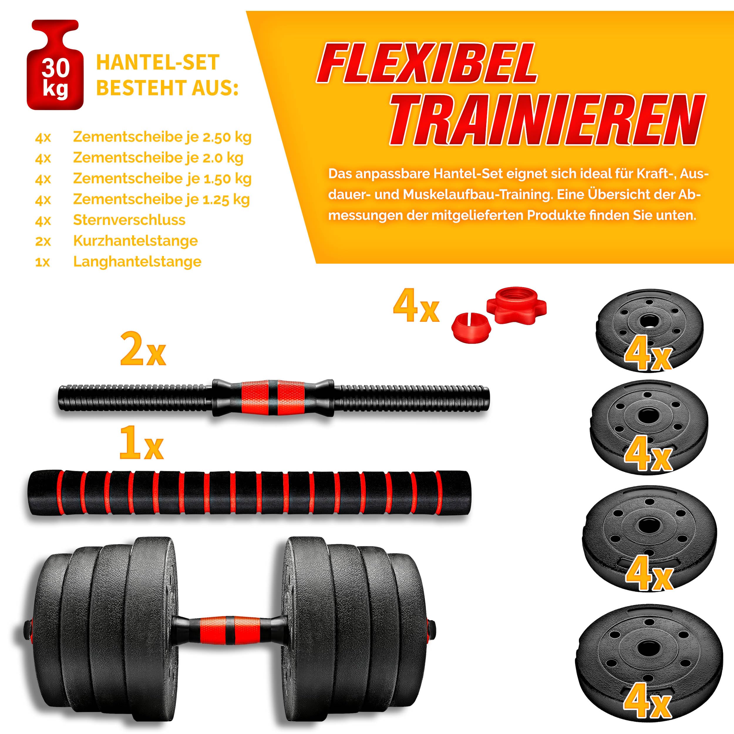 RE:SPORT 2 in 1 Hanteln Set 15-30kg | Hantelset verstellbar | Kurzhantel & Langhantel | Sternverschlüsse & Verbindungsrohr