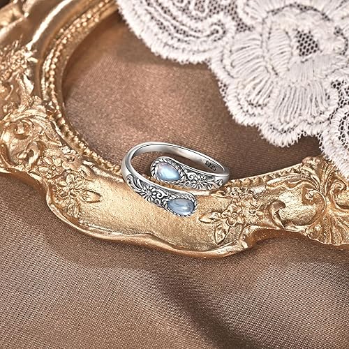 Miniatura 3 de Anillos de plata de ley 925 con piedra lunar natural para mujer, anillo ajustable de girasol para pulgar, anillos de cuchara vintage, anillos de