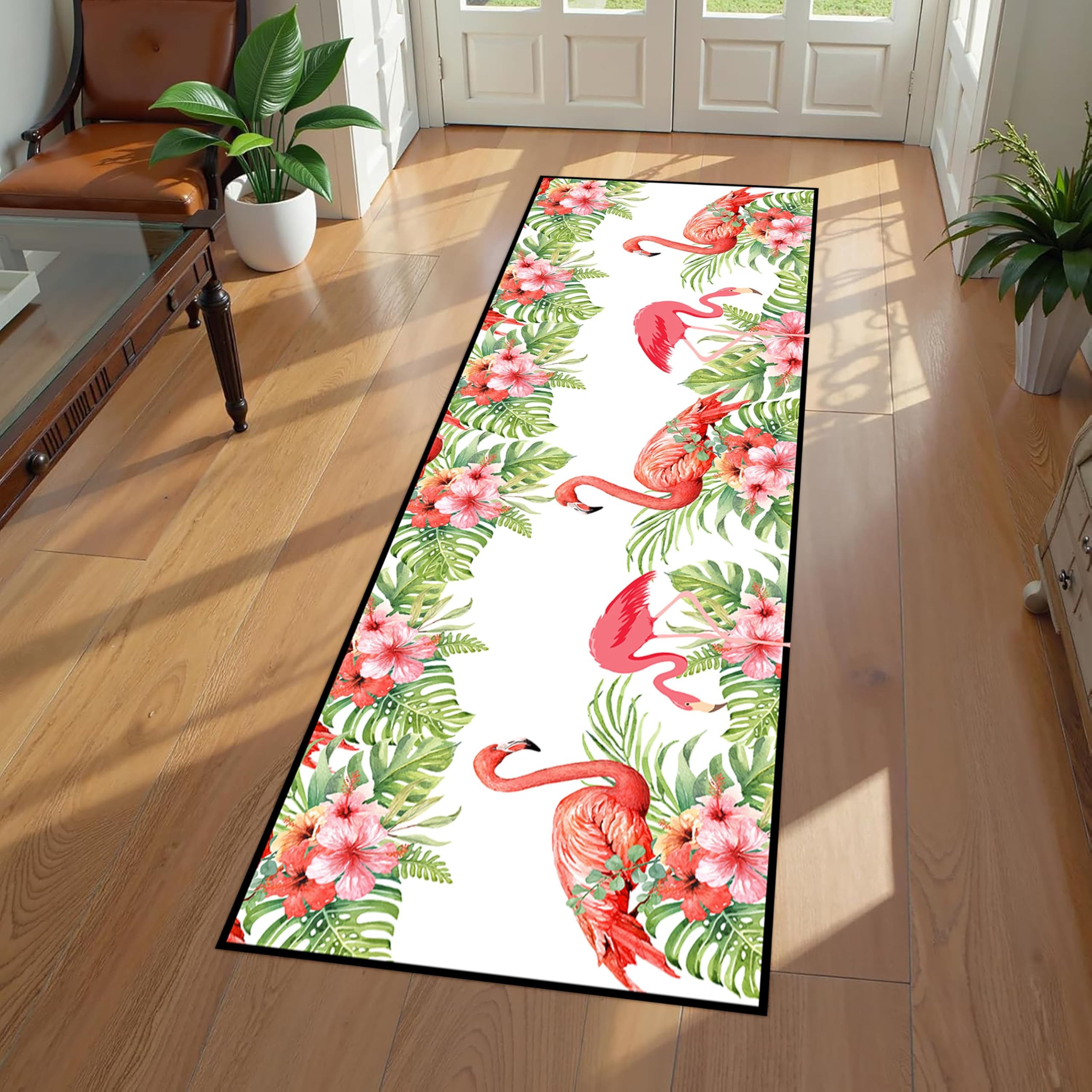 Houient Flamingo Indoor Carpet Runners, 120x300cm, Monstera Leaves Plumeria Pink Flamingo Bird Toucan Tropical Boho Rug, Soft Foldable Animal Kitchen Floor Mat for Entryway Bathroom
