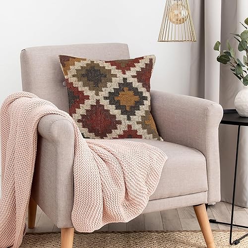 Kilim - Funda de almohada hecha a mano, funda de cojín de yute de lana, funda de cojín cuadrada de 17.7 in