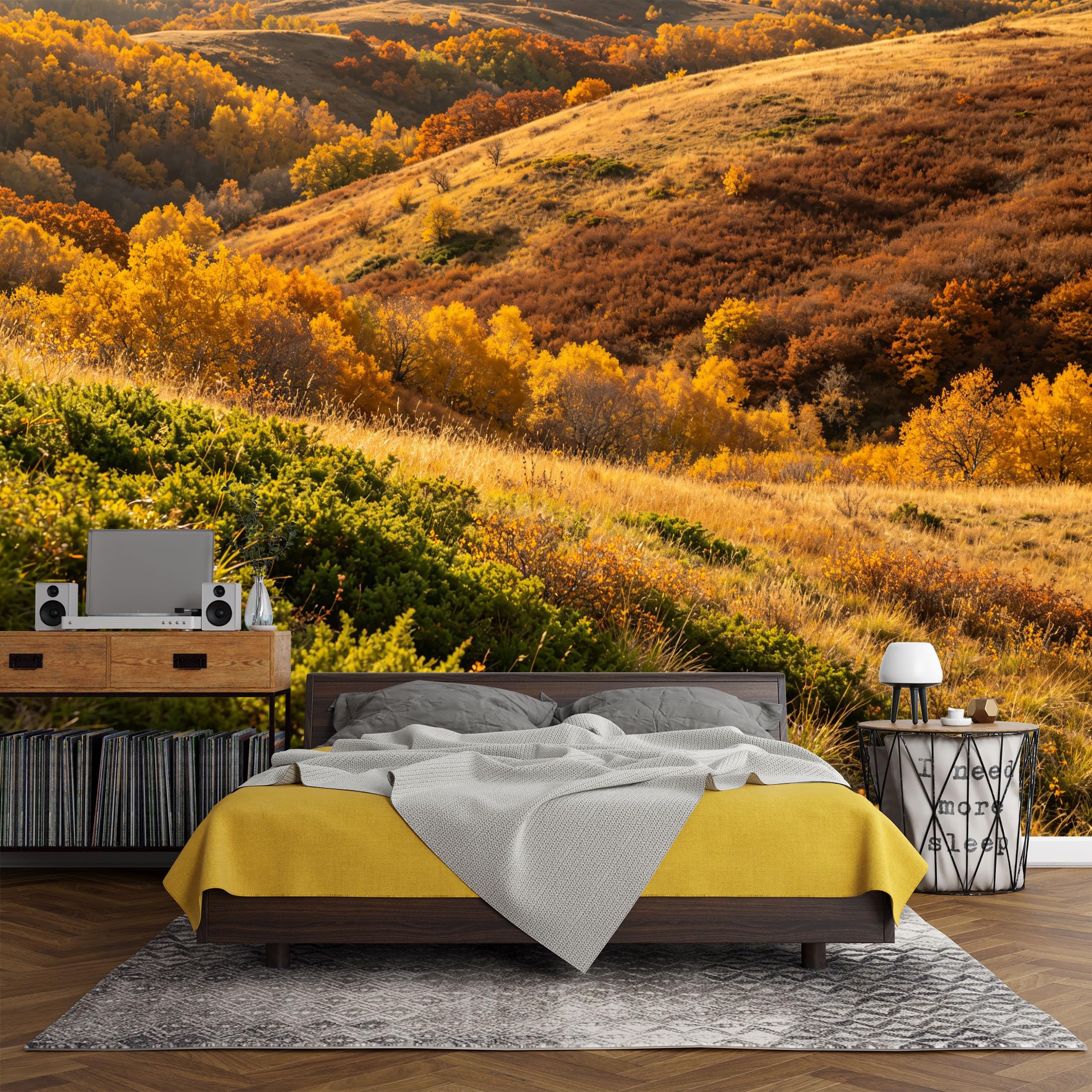 Custom Size Wall Mural， Autumn Mountain Landscape Golden Forest Hills Sunset Nature Scene，SelfAdhesive Art Prints wall Fabric (No PVC) Removable Wallpaper Living Room Decor