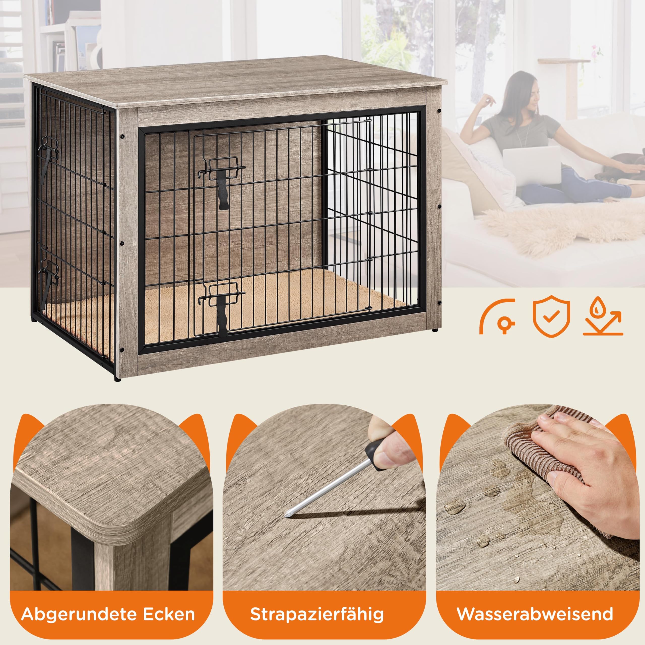 Yaheetech Hundekäfig Möbel mit Hundedecke & 2 Türen, Hundebox für Zuhause, Moderne Hundehütte Indoor, Hundebox Holz für Wohnzimmer, 96x65x68 cm, Grau