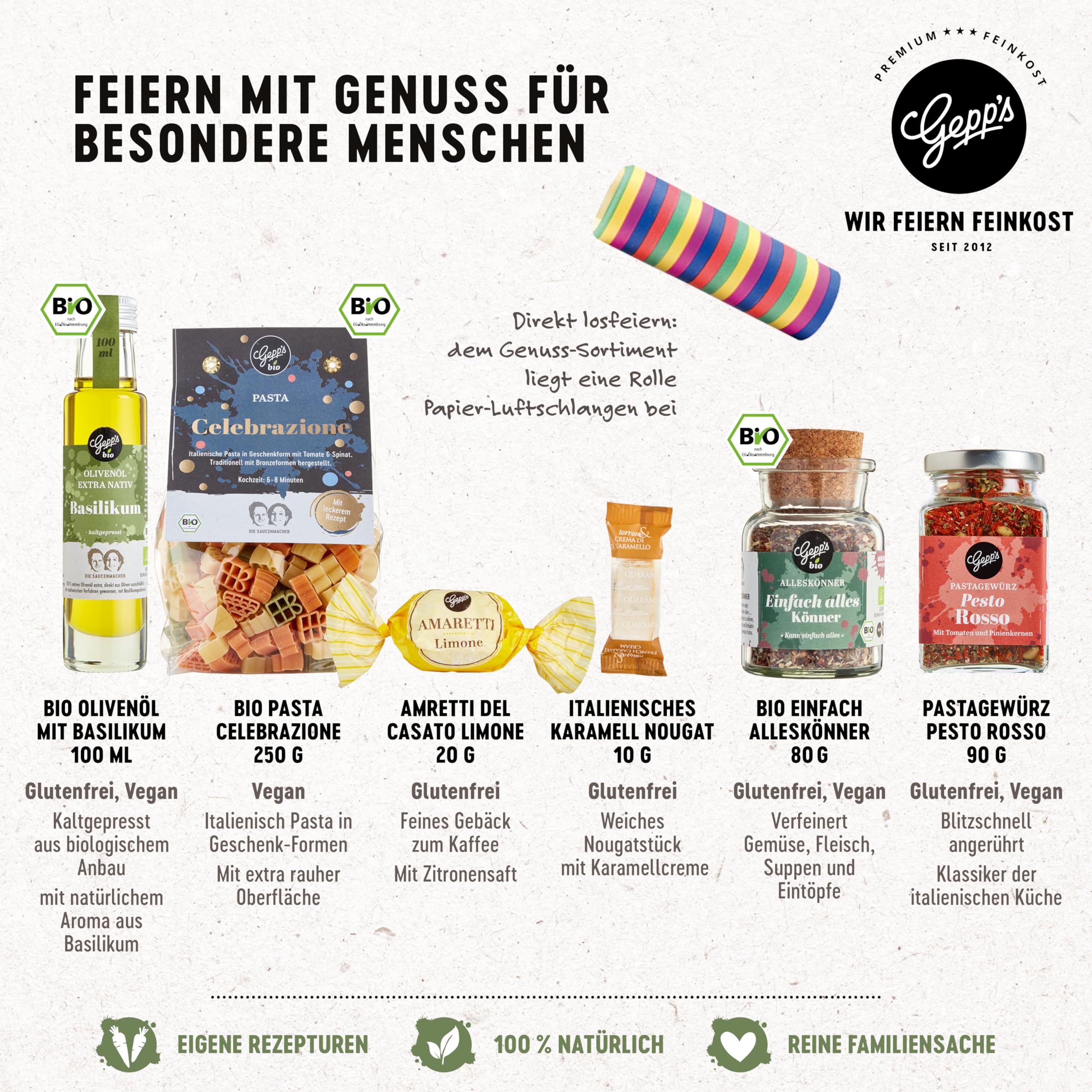 Gepp’s Feinkost Happy Birthday Geschenkset Gourmet Geschenk-Set mit handgemachter Pasta, Pesto-Rosso Gewürz, Bio Alleskönner Gewürz & Basilikumöl