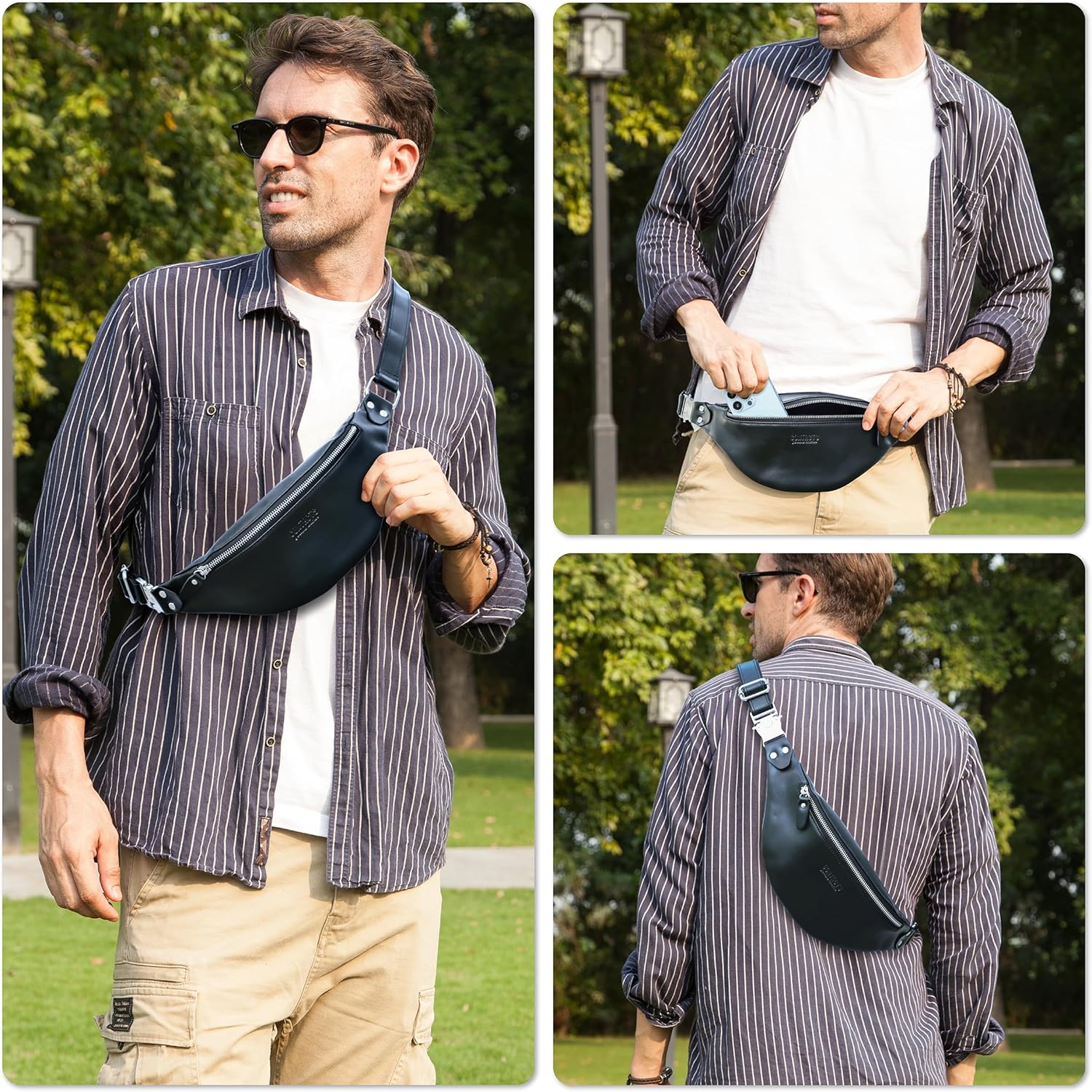 Top Grain Genuine Leather Slim Waist Pack for Man & Woman, Minimalist Vintage Design, Handmade with Detachable Hardware, Slim Fanny Pack Small Crossbody Belt Bag for Traveling or Riding, Glossy Black - Image 3