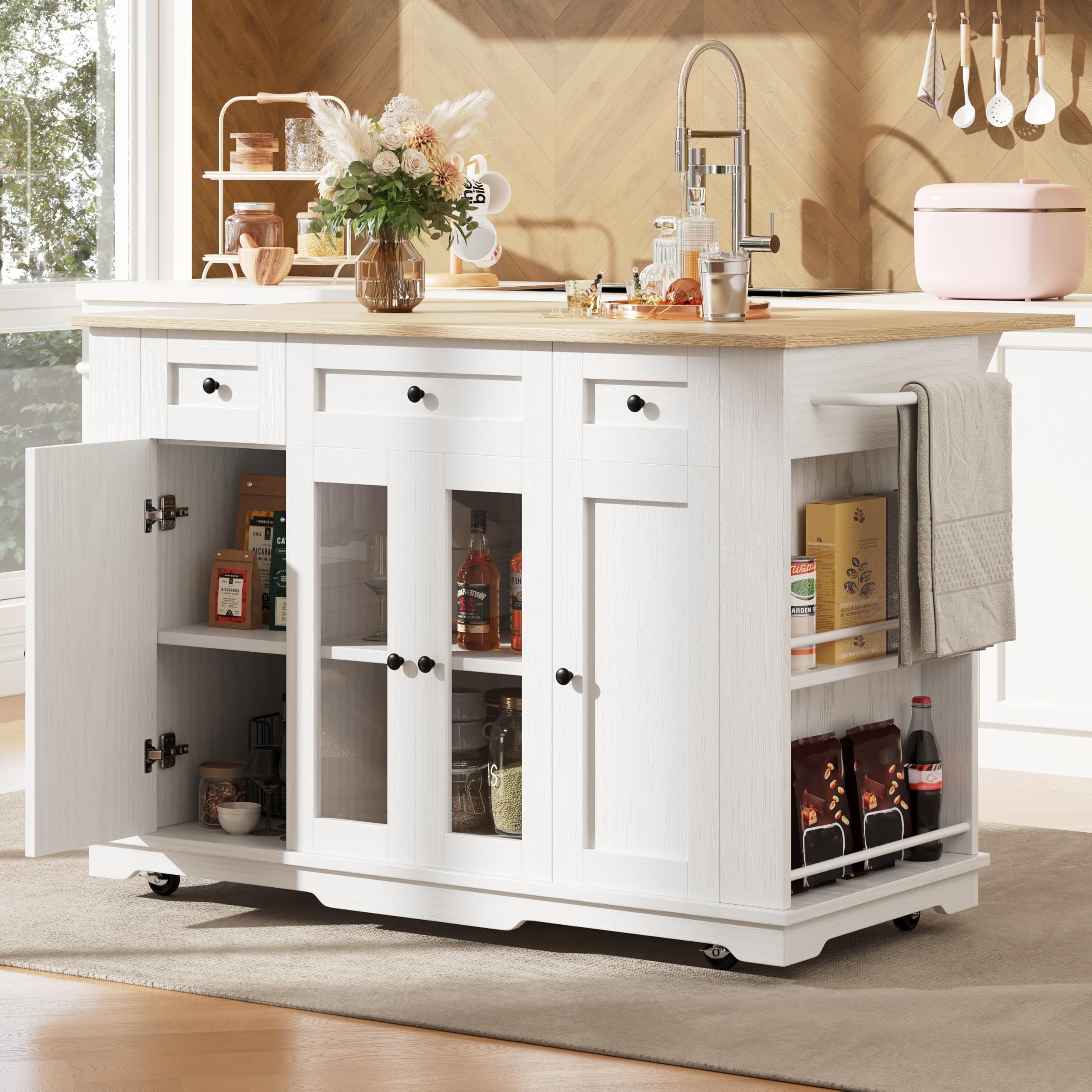 Jaxenor Kitchen Island on Wheels with Worktop, Rolling Kitchen Trolley with 3 Drawers, Removable Partitions and Tempered Glass Cabinet, Storage Trolley for Dining Room, White+Natural โ image 1