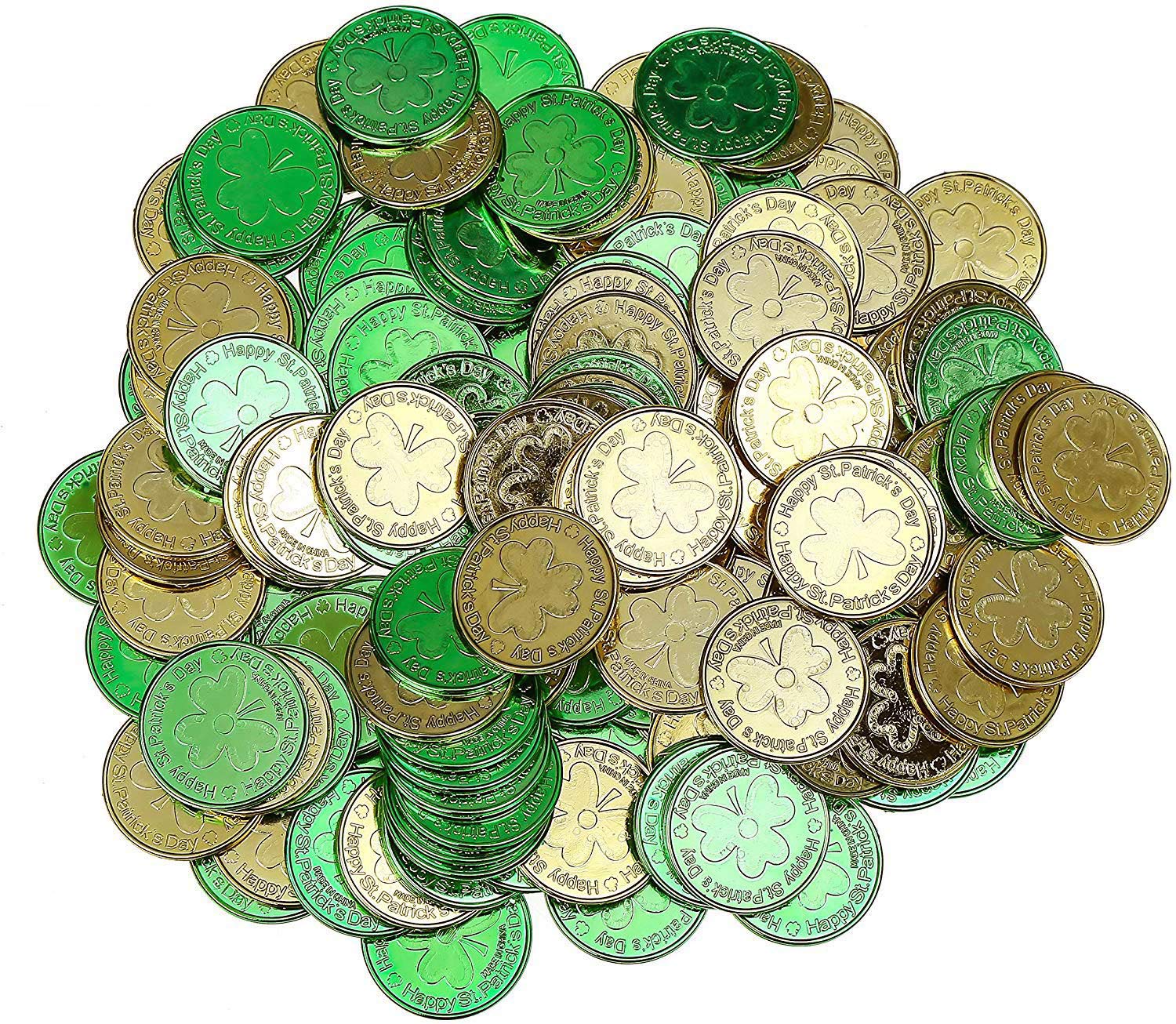DIYASY St. Patrick's Shamrock Good Luck Coins,144 Pcs Plastic 3-Leaf Clover Coins Green and Gold Pocket Token Charm Coin for St. Patrick's Day Décor