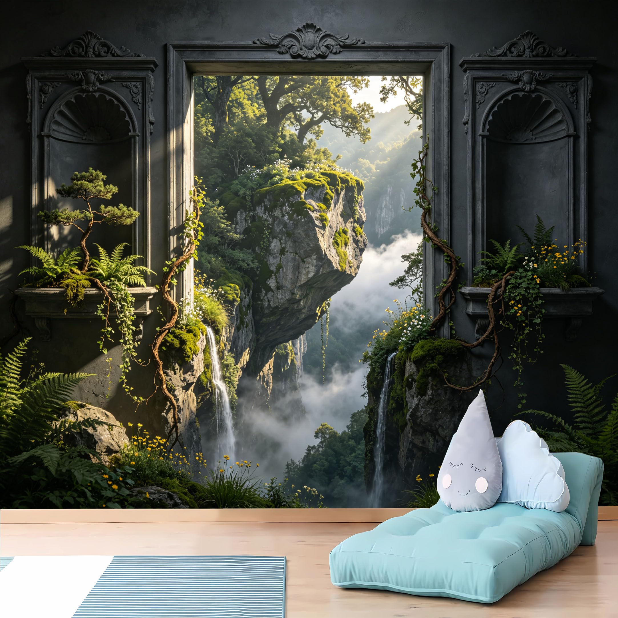 Custom Size Wall Murals 3D Grey Niche with Misty Waterfall Cliff and Mossy Plants HD Self-Adhesive Wall Fabric (NO PVC) Removable Wallpaper for Living Room