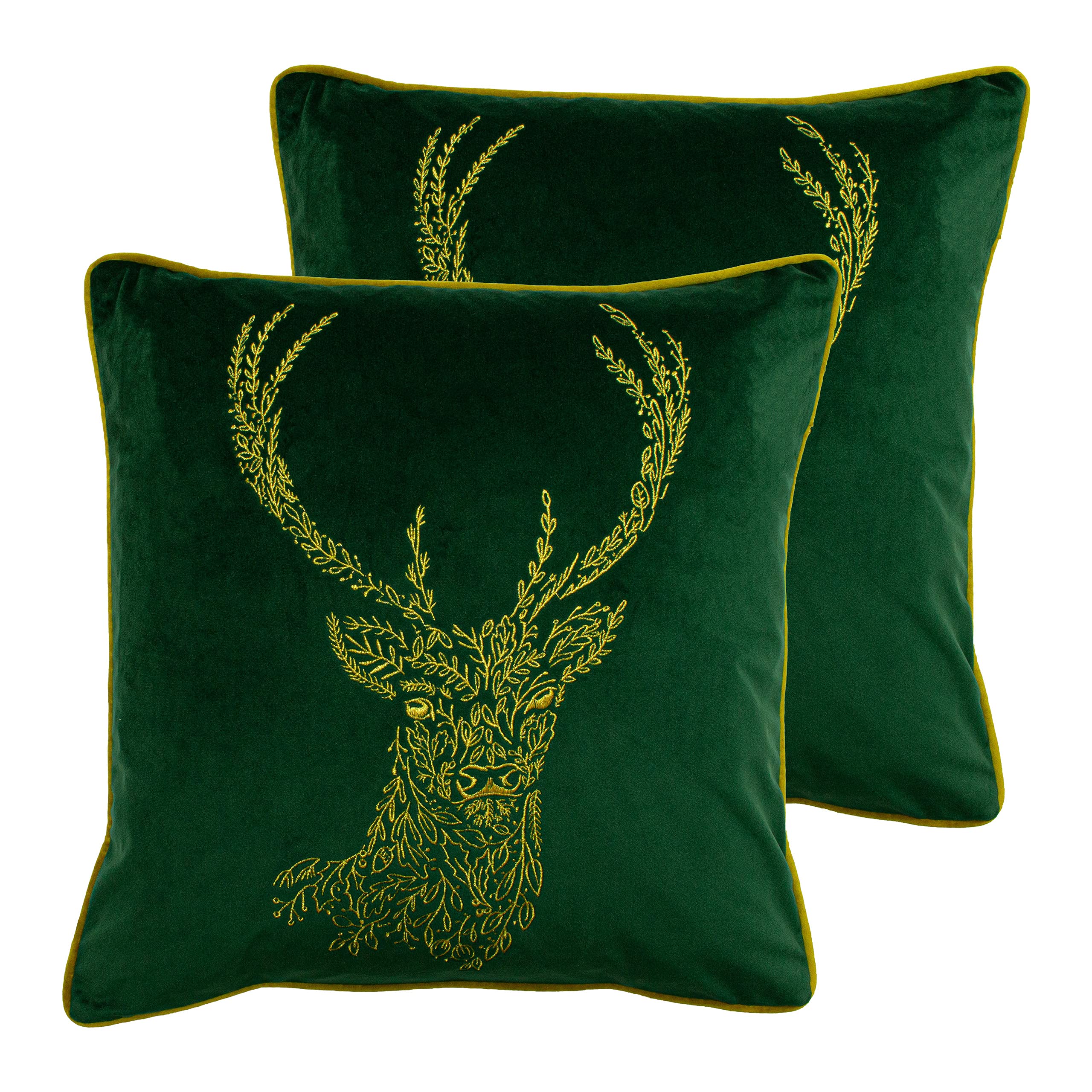 Furn. Forest Fauna Stag Twin Pack Cushions - Emerald/Gold - Polyester Filled