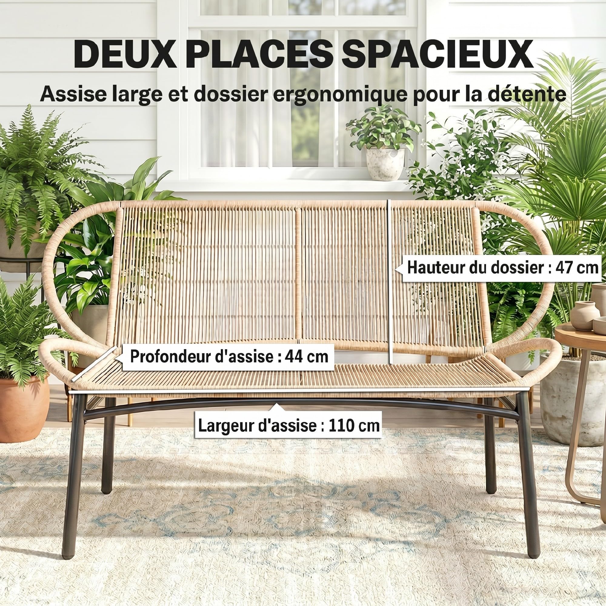 Outsunny Banc de Jardin 2 Places en Résine Tressée 138x62x83cm Naturel