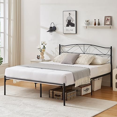 Miniatura 5 de VECELO Marco de cama tamaño Queen, plataforma de cama de metal con cabecero, soporte de listones de acero resistente, no necesita somiersin ruido,