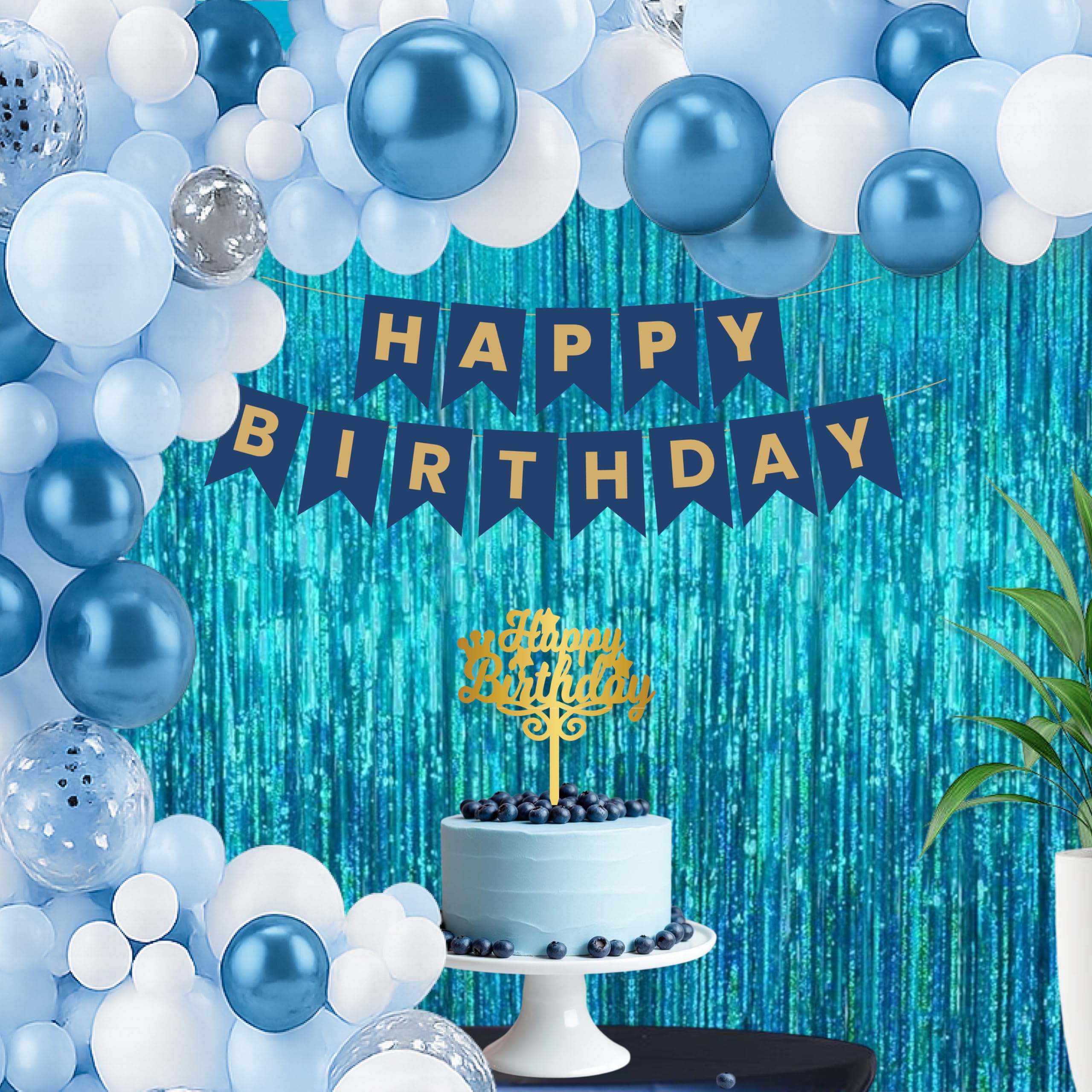 The Decor Queen Happy Birthday Decorations 45pcs Blue and Gold Banner, Metallic, White and Blue Balloons, Curtains for Husband, Wife, Baby Boys, Girls, Kids, Men, Women Birthday Decoration (Latex)