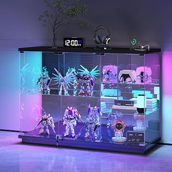 RGB Glass Display Cabinet with Lock for Living Room,Kitchen,Study,Black | High Gloss Sideboard with Human Body Sensor & Glass Shelves for Toys,Books,Collectibles,Liquor