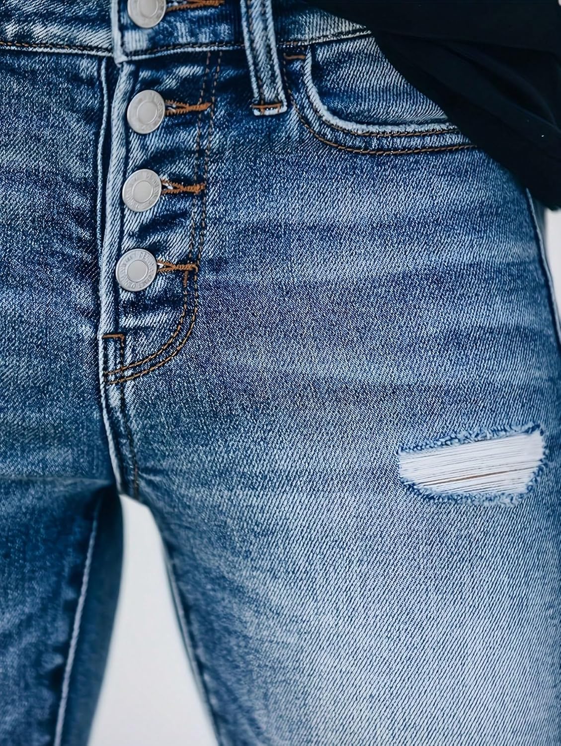 Women's High Rise Skinny Stretch Button Ripped Jeans High Waisted Destroyed Denim Pants