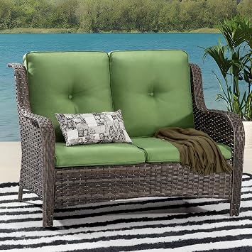 Outdoor Patio Wicker Loveseat Sofa - 2-Seater Rattan Sofa for Outside Patio Garden with Deep Seating and Olefin CushionsMixed Grey/Green