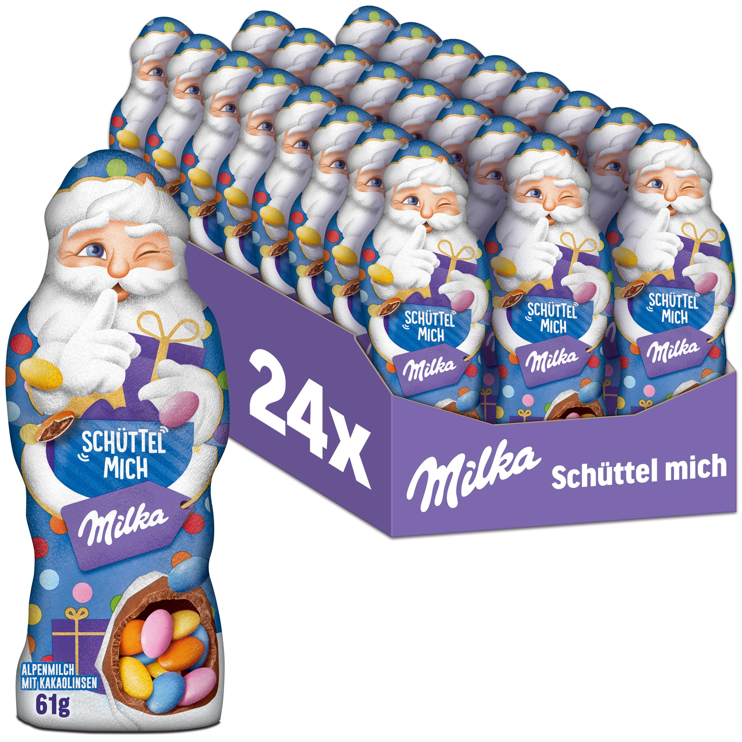 Milka Schüttel Mich Weihnachtsmann – 24 x 61 g – Zarte Alpenmilch-Schokolade gefüllt mit bunten Kakaolinsen