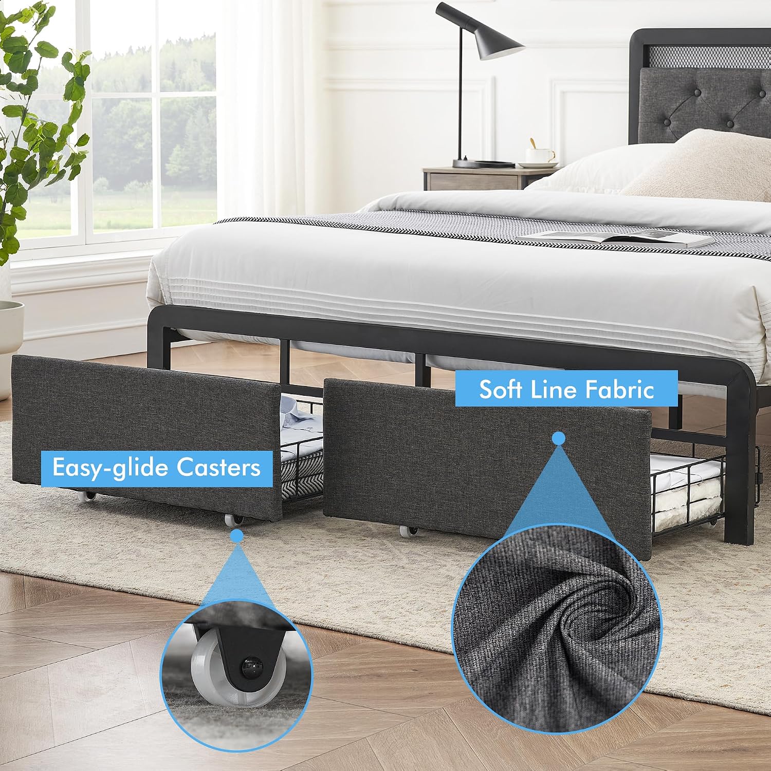 IDEALHOUSE Full Bed Frame with 2 Storage Drawers, RGB LED Lights, Upholstered Button-Tufted Headboard, Easy Assembly, No Box Spring Needed & Noise Free, Gray