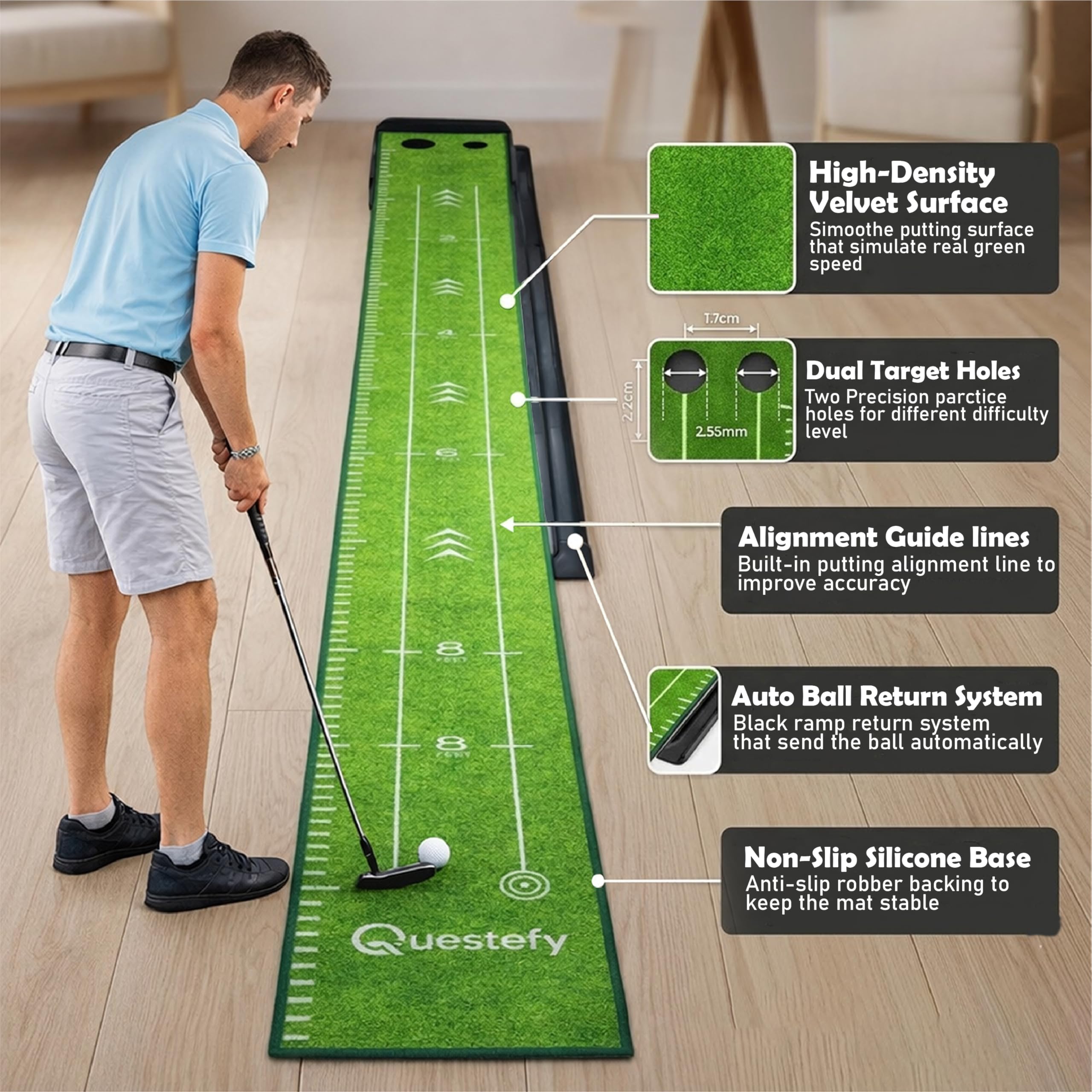 Putting Green Indoor | Tapete de golf sin arrugas con retorno automático de la bola, superficie antideslizante y marcas de alineación para una práctica precisa de putting en casa, oficina y al aire