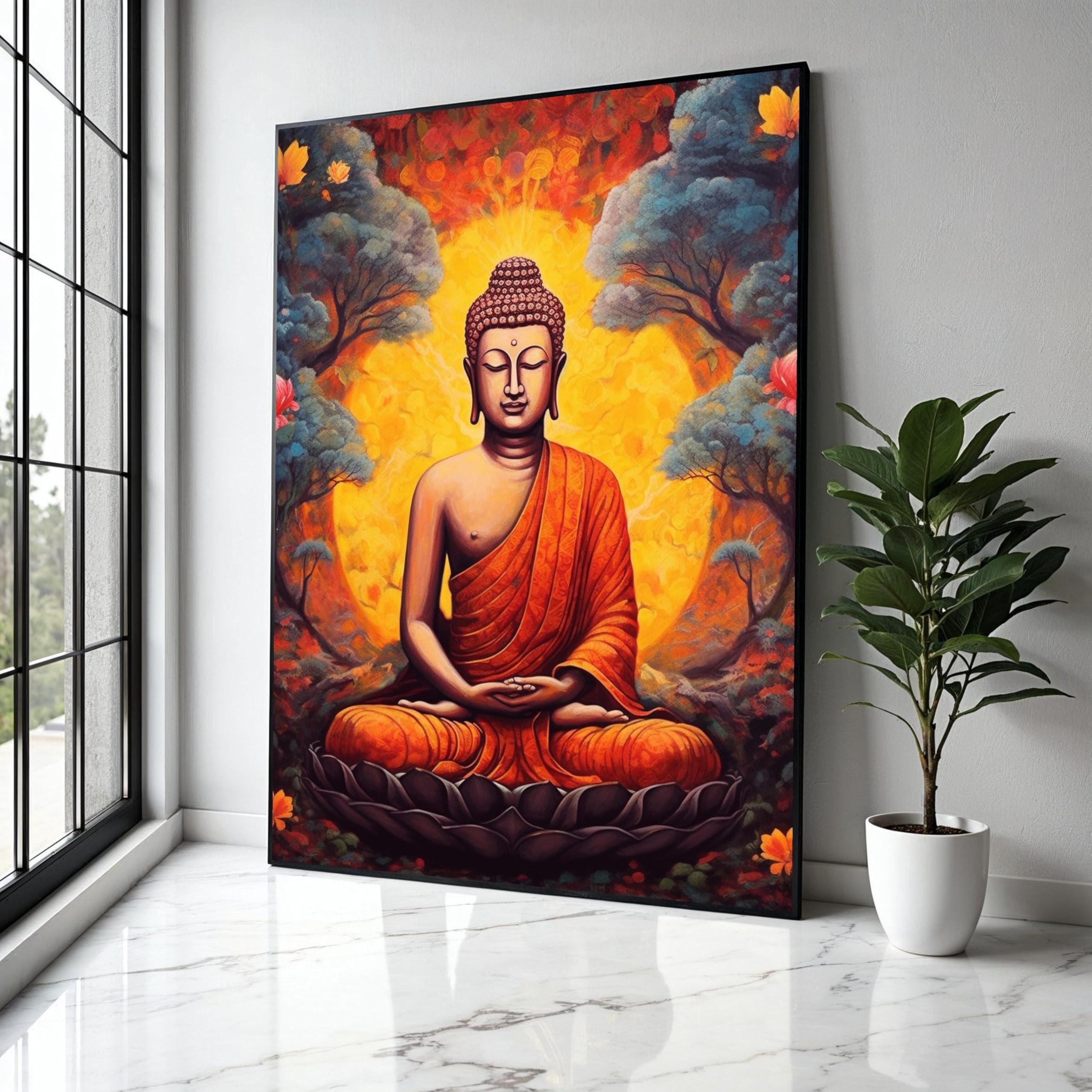 YUSUZHU Meditative Buddha Canvas Wall Art, Spiritual Meditation Decor, Orange Robe Buddha Painting, Zen Home Decor, Poster Print(21x30cm/Frameless)