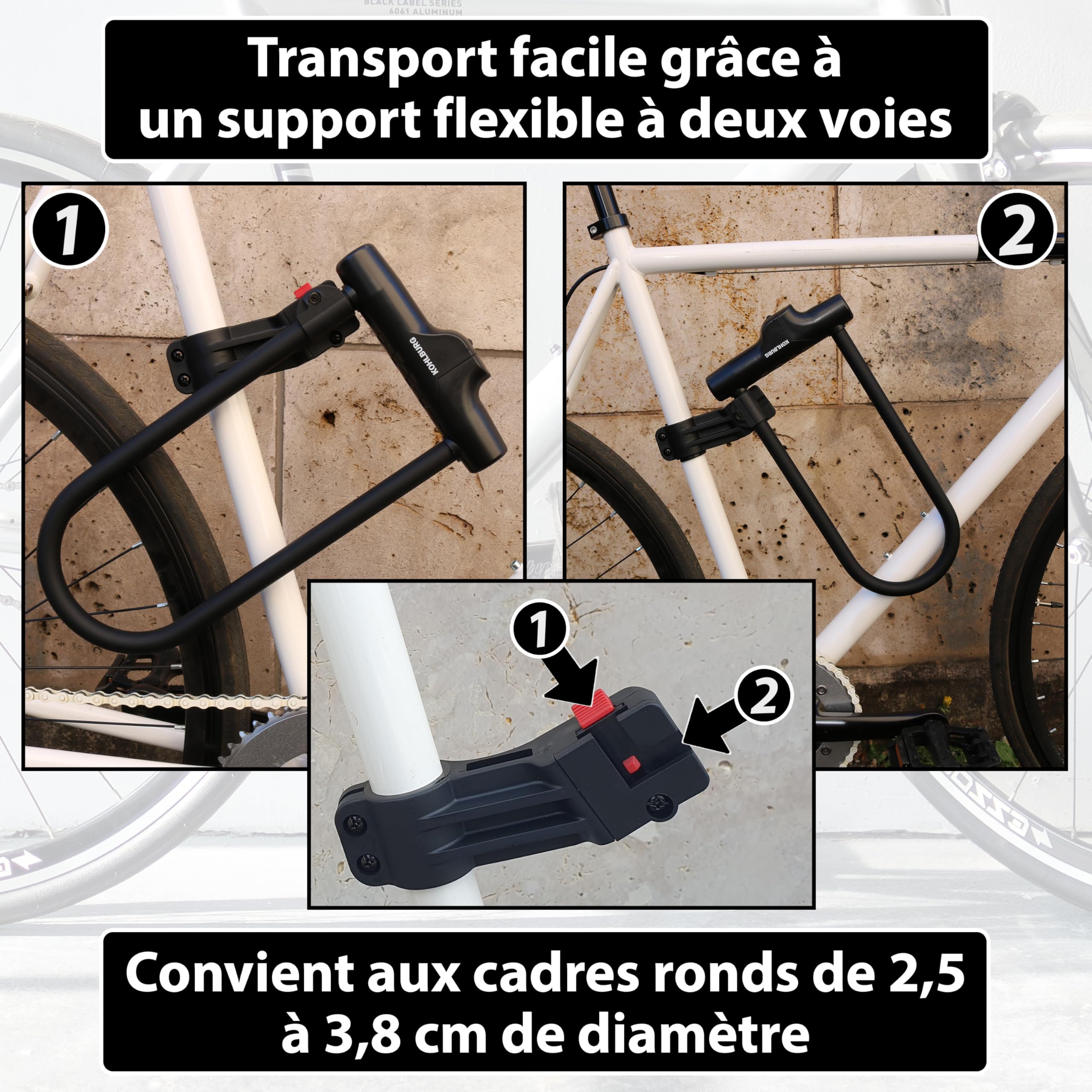 KOHLBURG Antivol en U, FUB 2 Roues - Avec Câble de 170 cm, 4 clés, support | Sold Secure Diamond, Sécurité maximale 15/15, Grand format pour vélo électrique & bicyclette, Serrure vélo et U‑Lock Bike