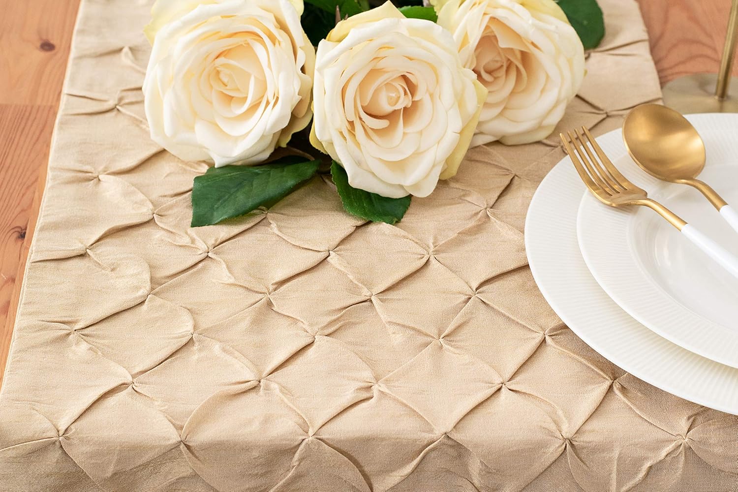 The White Petals Gold Long Table Runners | Properly Finished, No Fray Edges | for Home, Kitchen, Dining Room, Holiday, Wedding Party Décor - Pinch Pleat, 14x90 inch, Pack of 1