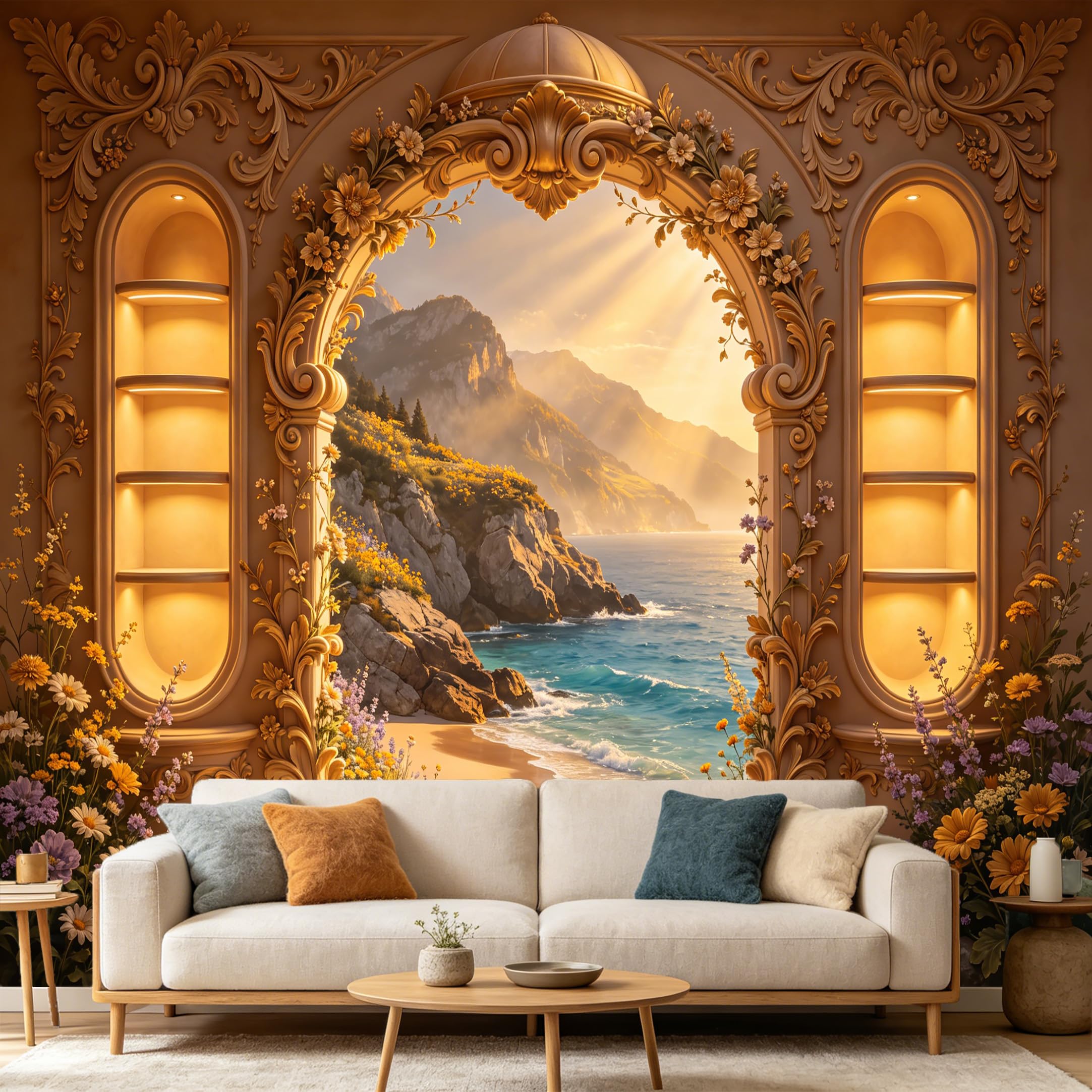Custom Size Wall Mural， 3D Trompe L'Oeil Mediterranean Coastal Archway Mountain Ocean Beach Scenery， SelfAdhesive Art Prints wall Fabric Removable Large Wallpaper Home Living Room Decor